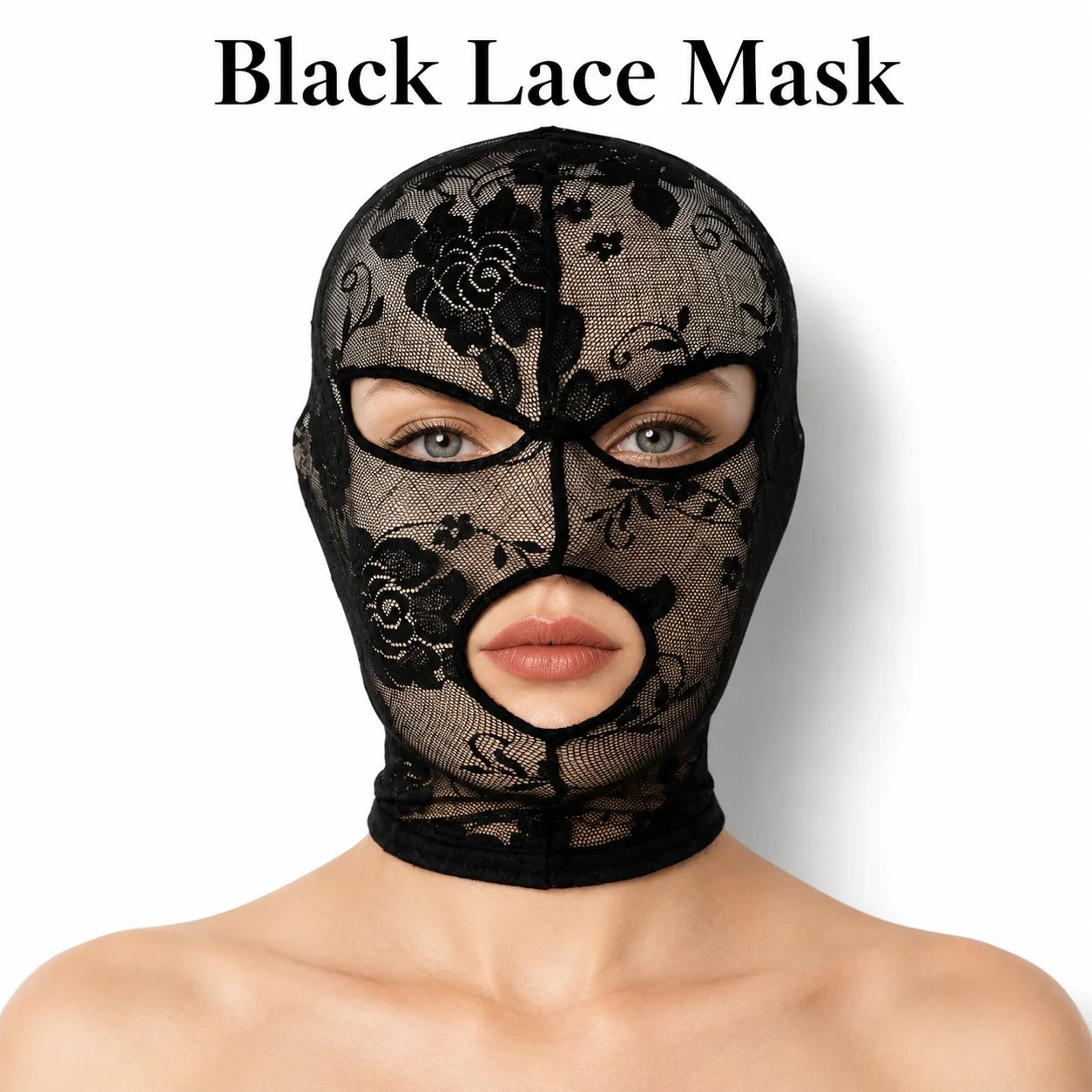 Black Gothic Lace Full Face Mask  Stretch Mesh Hood With Eye  Mouth Openings For Halloween Cosplay 0