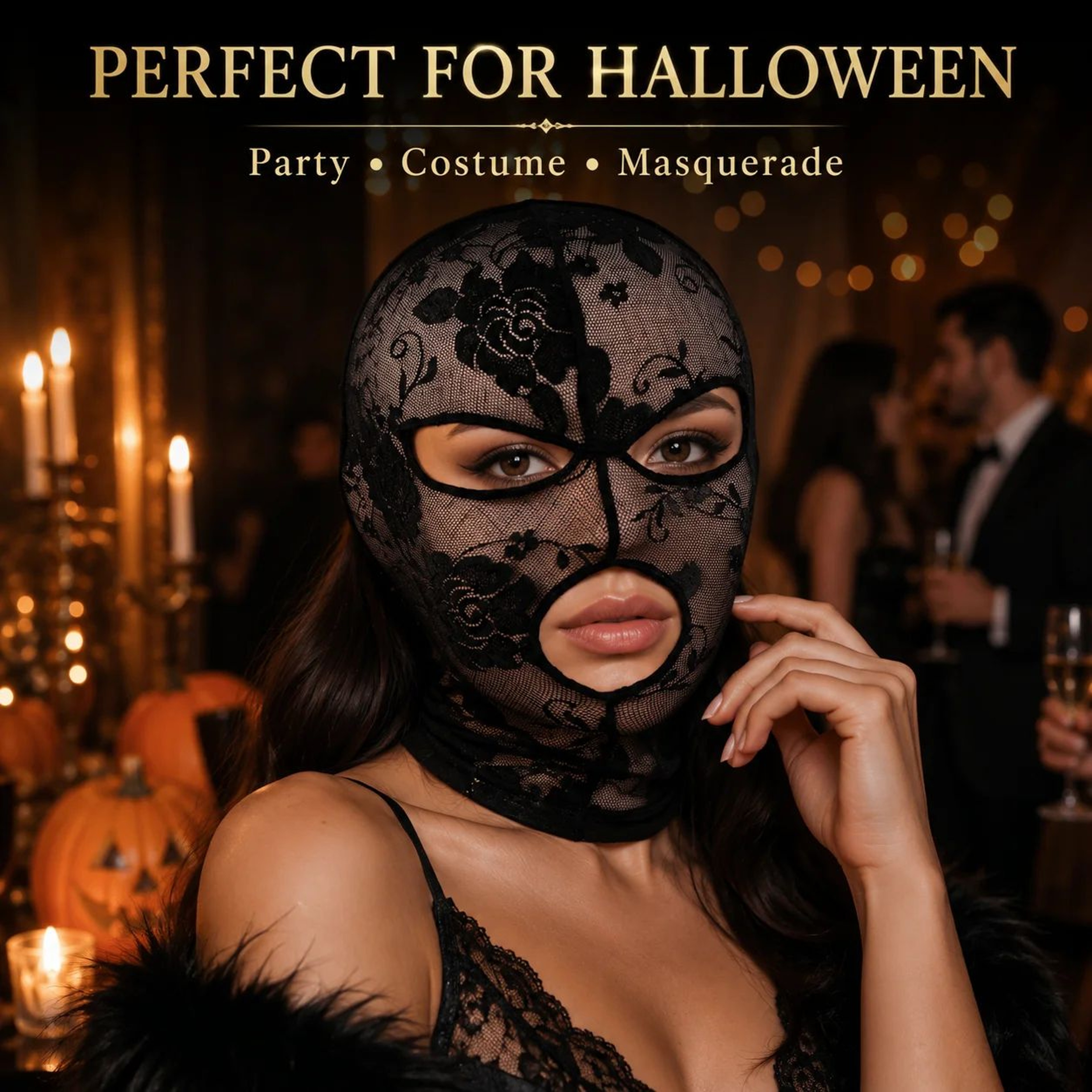 Black Gothic Lace Full Face Mask  Stretch Mesh Hood With Eye  Mouth Openings For Halloween Cosplay 3