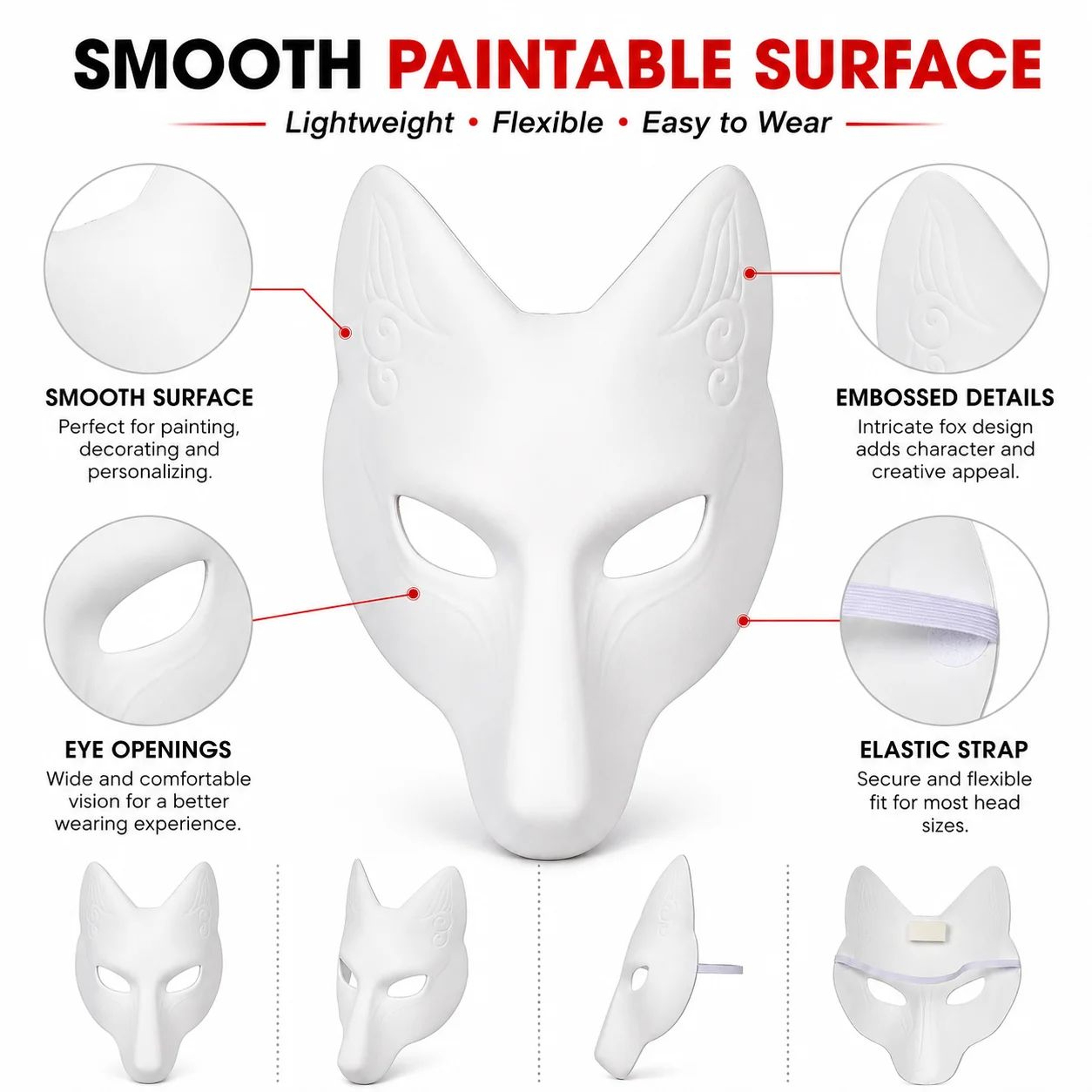 DIY White Kitsune Fox Mask  Blank Paintable Anime Cosplay Half Face Mask For Halloween Masquerade   3