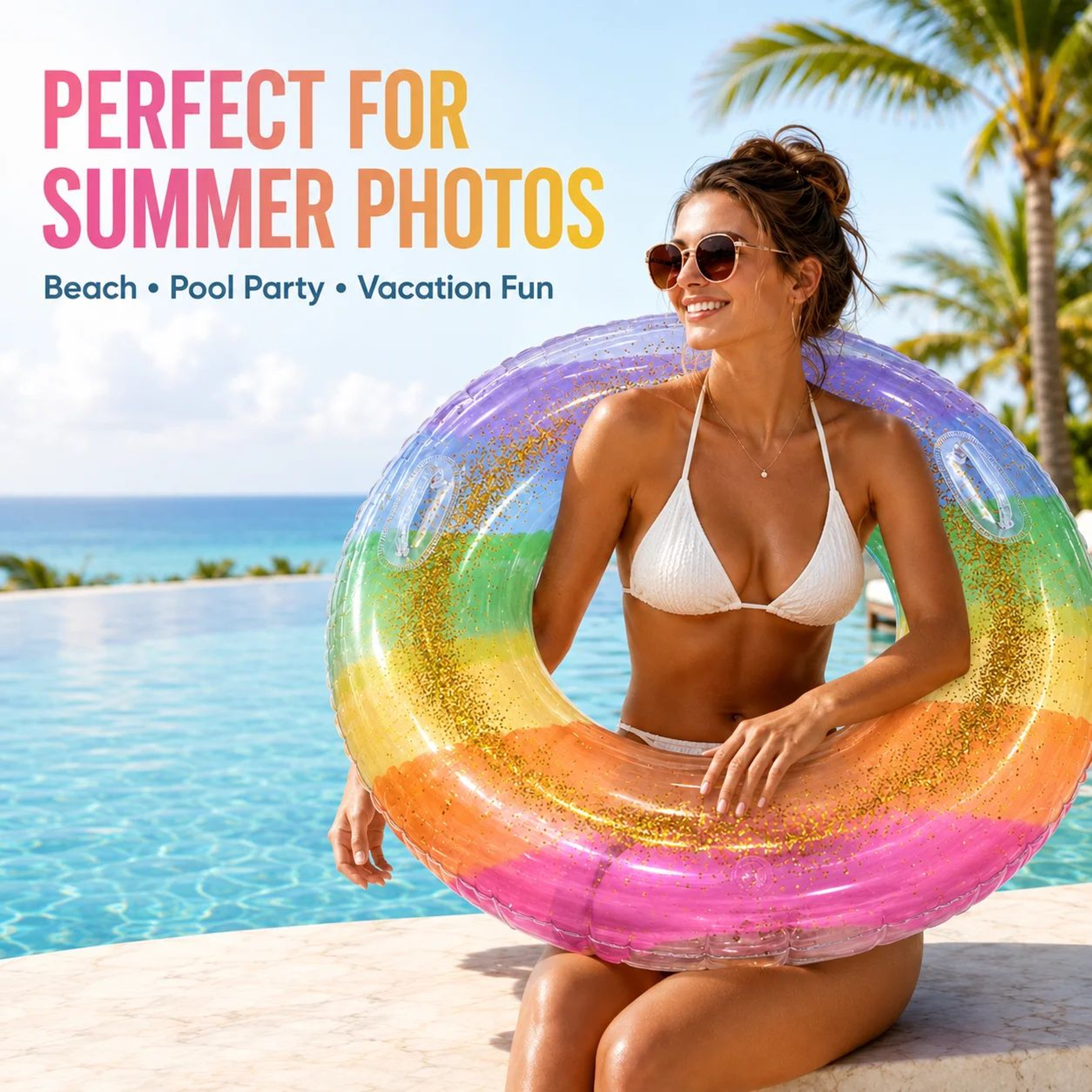 Transparent Inflatable Swim Ring Pool Float  Adult PVC Beach Tube With Handles  Glitter 354394 In 4