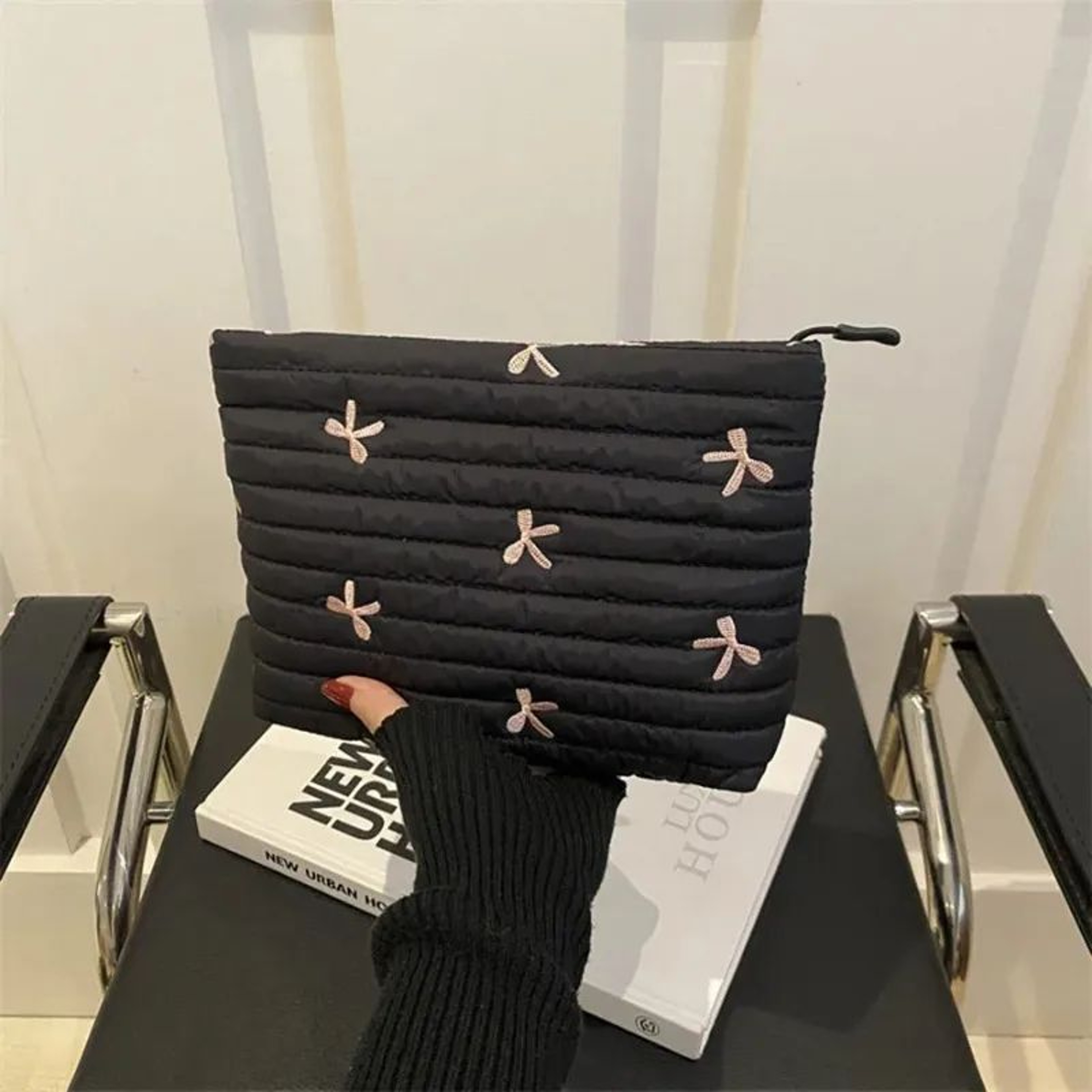 Cute Embroidered Bow Makeup Bag  Large Capacity Zipper Cosmetic Pouch  Travel Toiletry Storage Orga 3