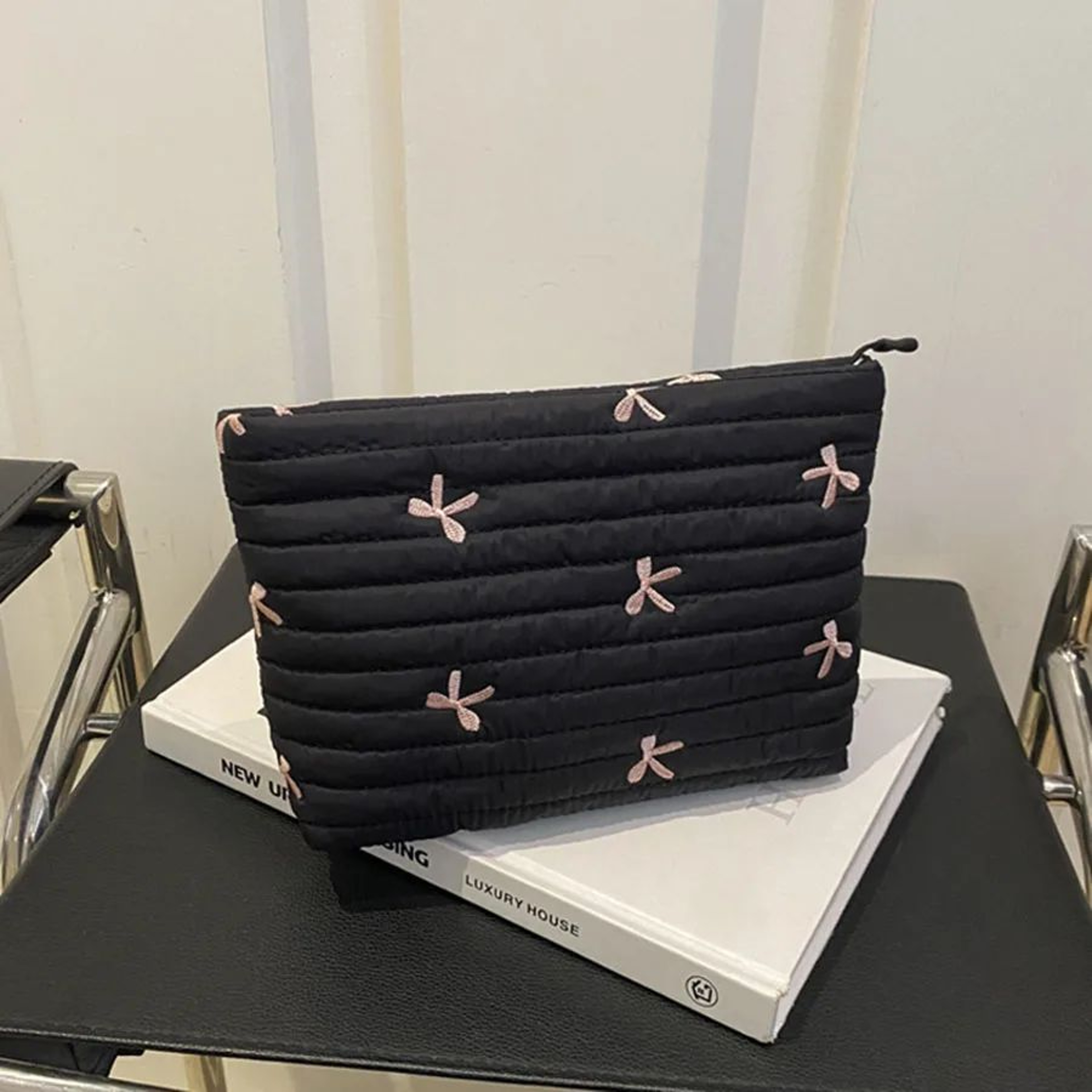 Cute Embroidered Bow Makeup Bag  Large Capacity Zipper Cosmetic Pouch  Travel Toiletry Storage Orga 6