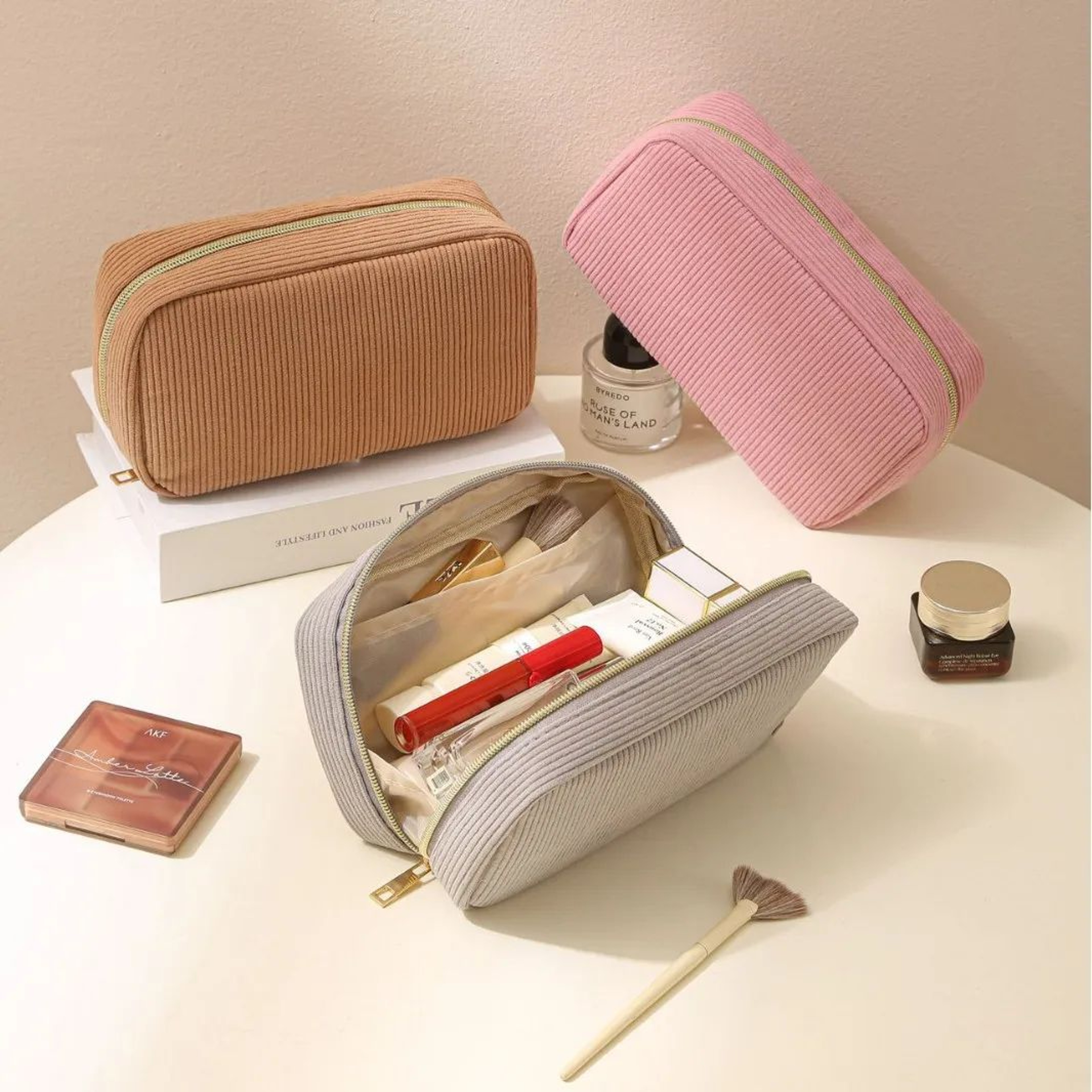 Minimalist Corduroy Makeup Bag  Large Capacity Travel Cosmetic Organizer Pouch For Women 2