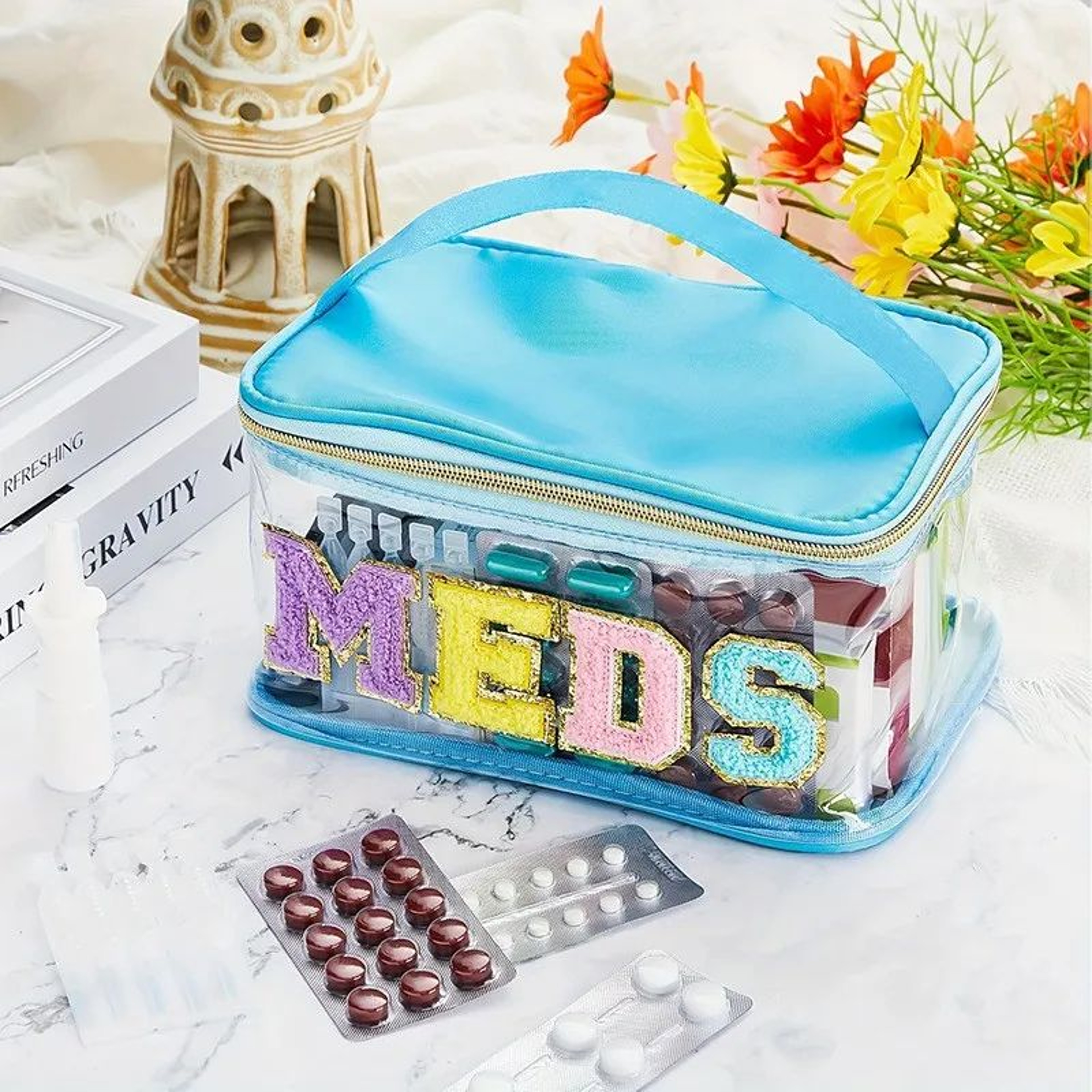 PVC Chenille Letter MEDS Makeup Bag  Large Capacity Travel Cosmetic  Toiletry Organizer With Zipper 1