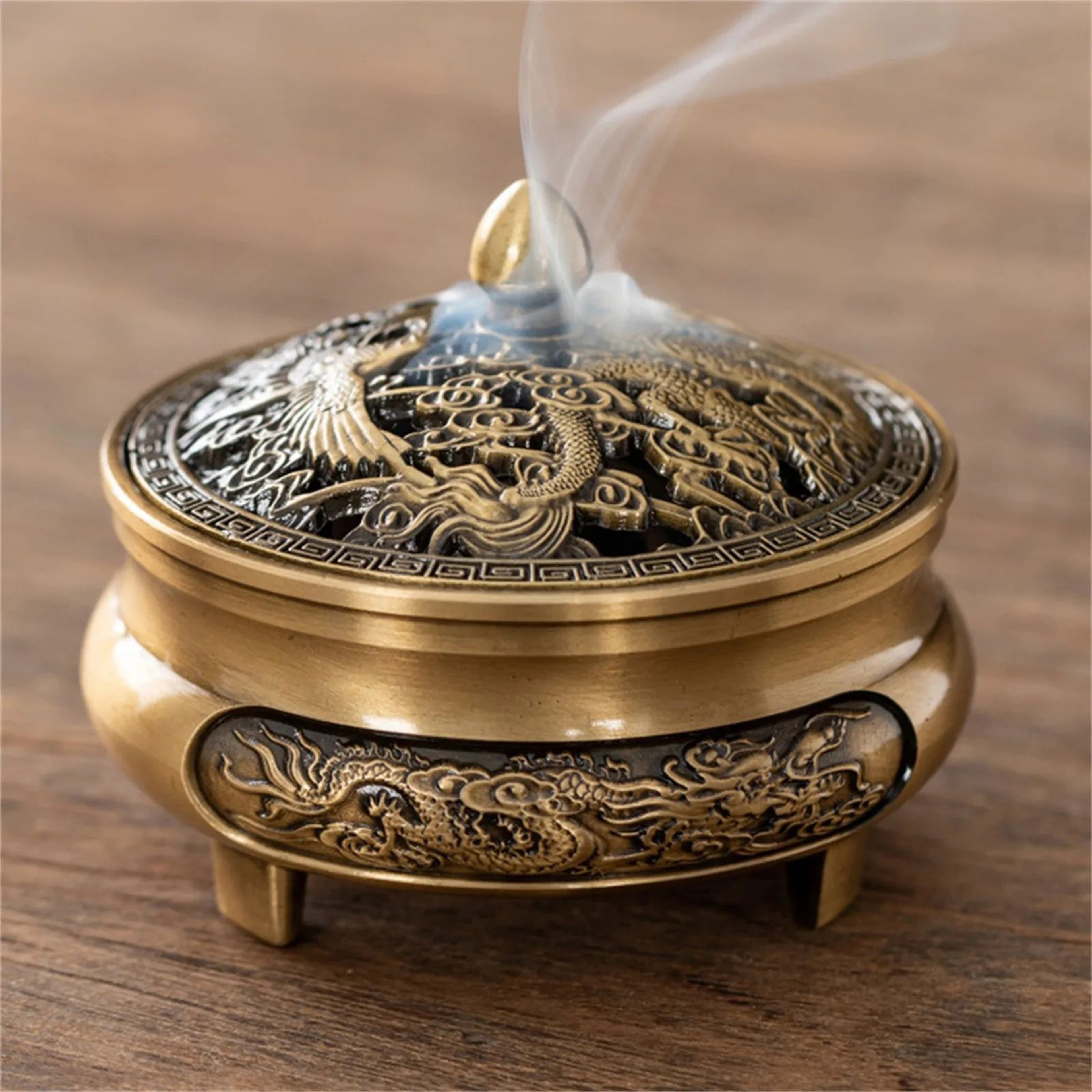 Antique Brass Dragon Phoenix Incense Burner  Hollow Carved Chinese Style Censer For Home Tea 6