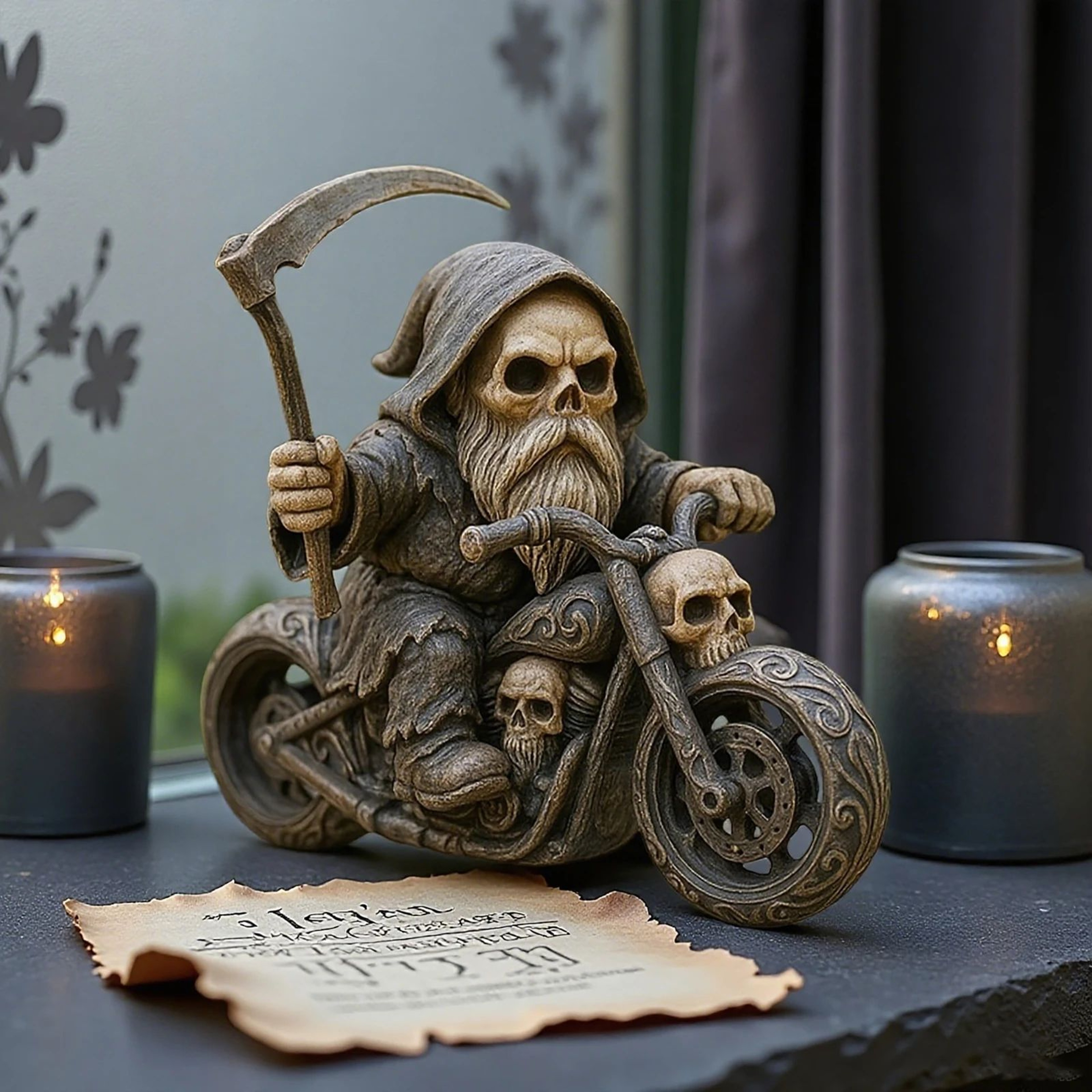 Grim Reaper Motorcycle Figurine  Resin Skeleton Rider Gnome Statue For Garden Home Desk  Halloween  2