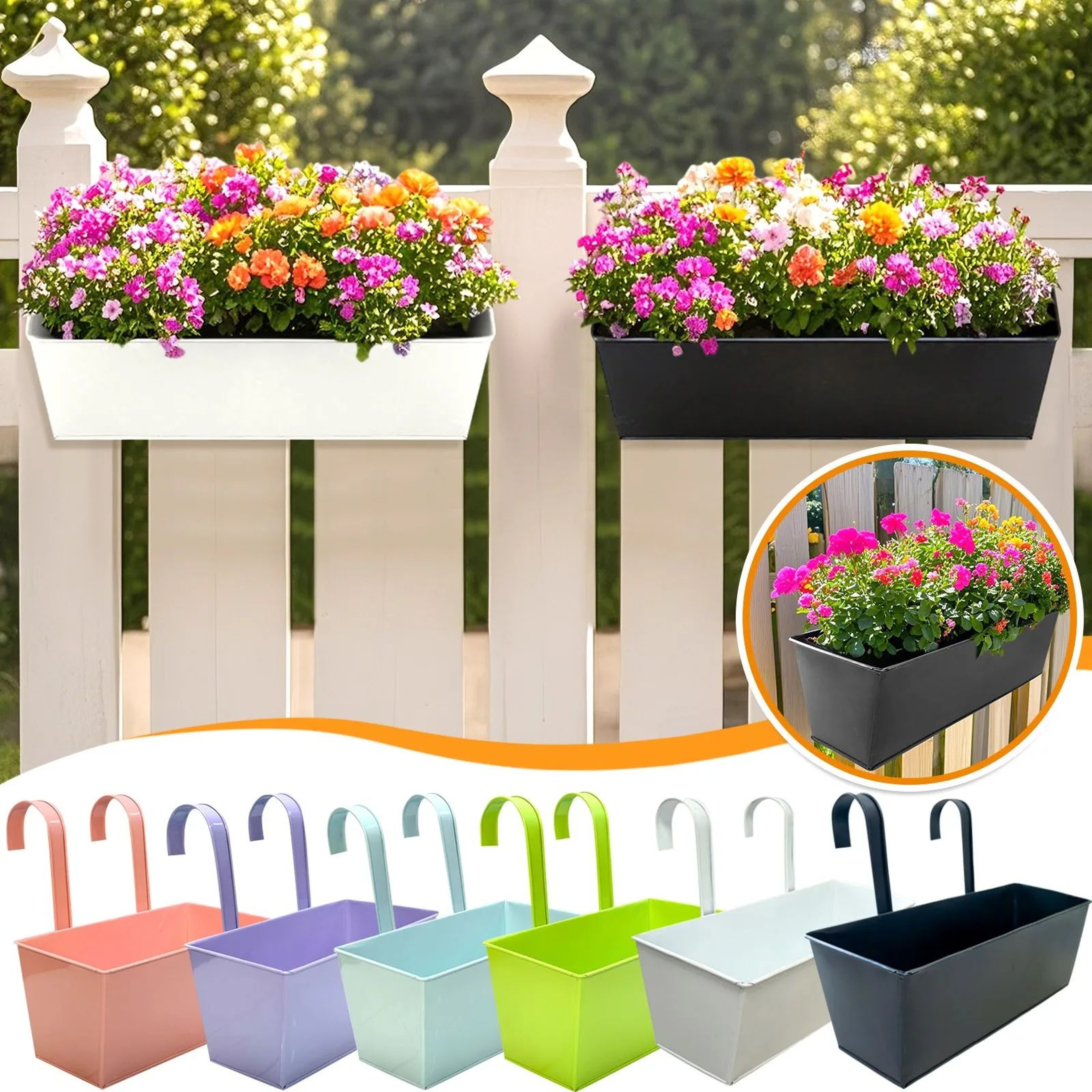 Black Iron Hanging Flower Pot  Wall Mount Railing Planter With Hooks  Drainage For Balcony Fence Ga 0