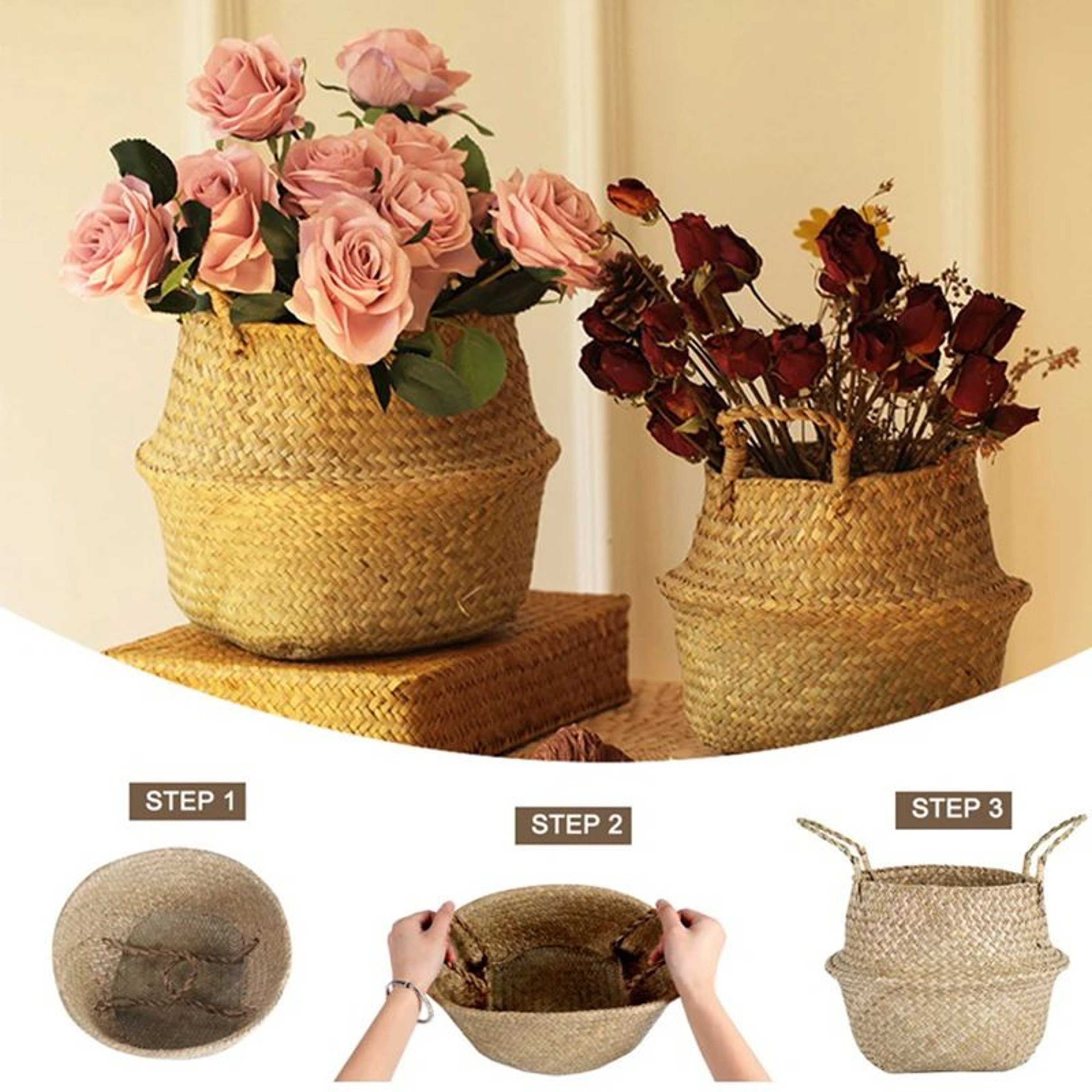 Seagrass Wicker Storage Basket  Woven Folding Plant Pot Cover Laundry Organizer  Home Garden Decora 2