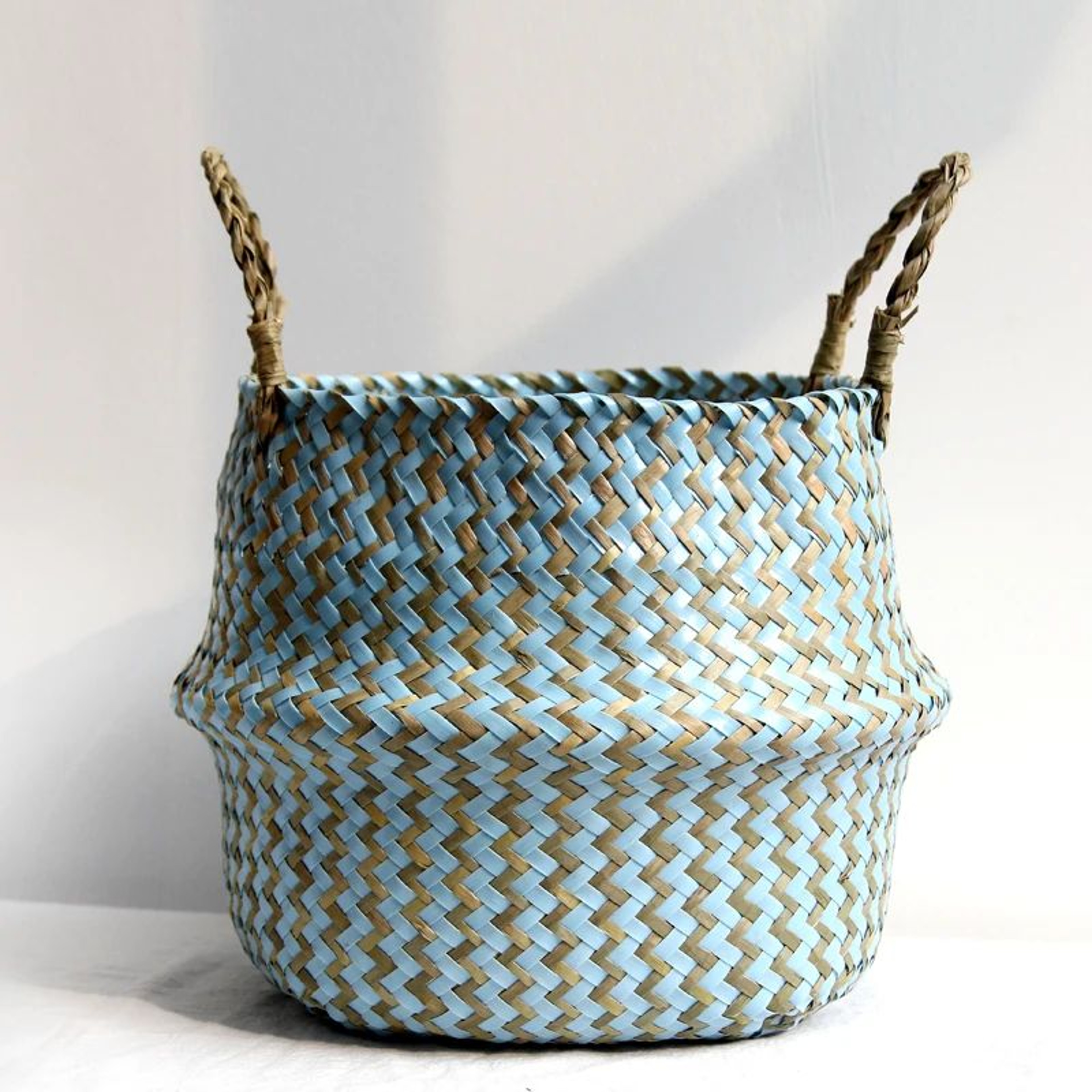 Boho Wicker Storage Basket  Handmade Collapsible Woven Laundry Hamper Striped Flower Pot  Natural H 0
