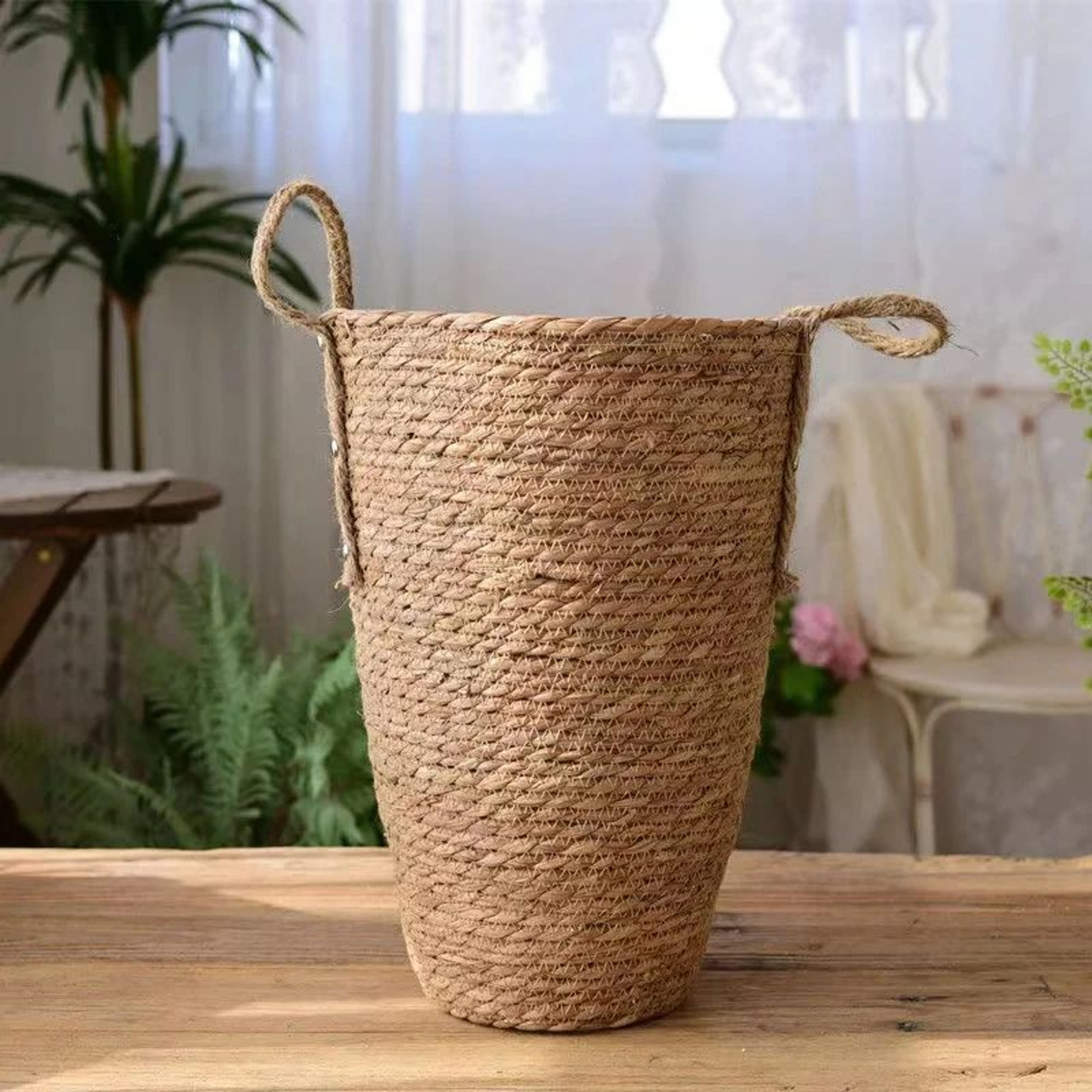 Tall Natural Wicker Planter Basket  Woven Rattan Flower Pot Floor Vase Laundry  Toy Storage Basket  1