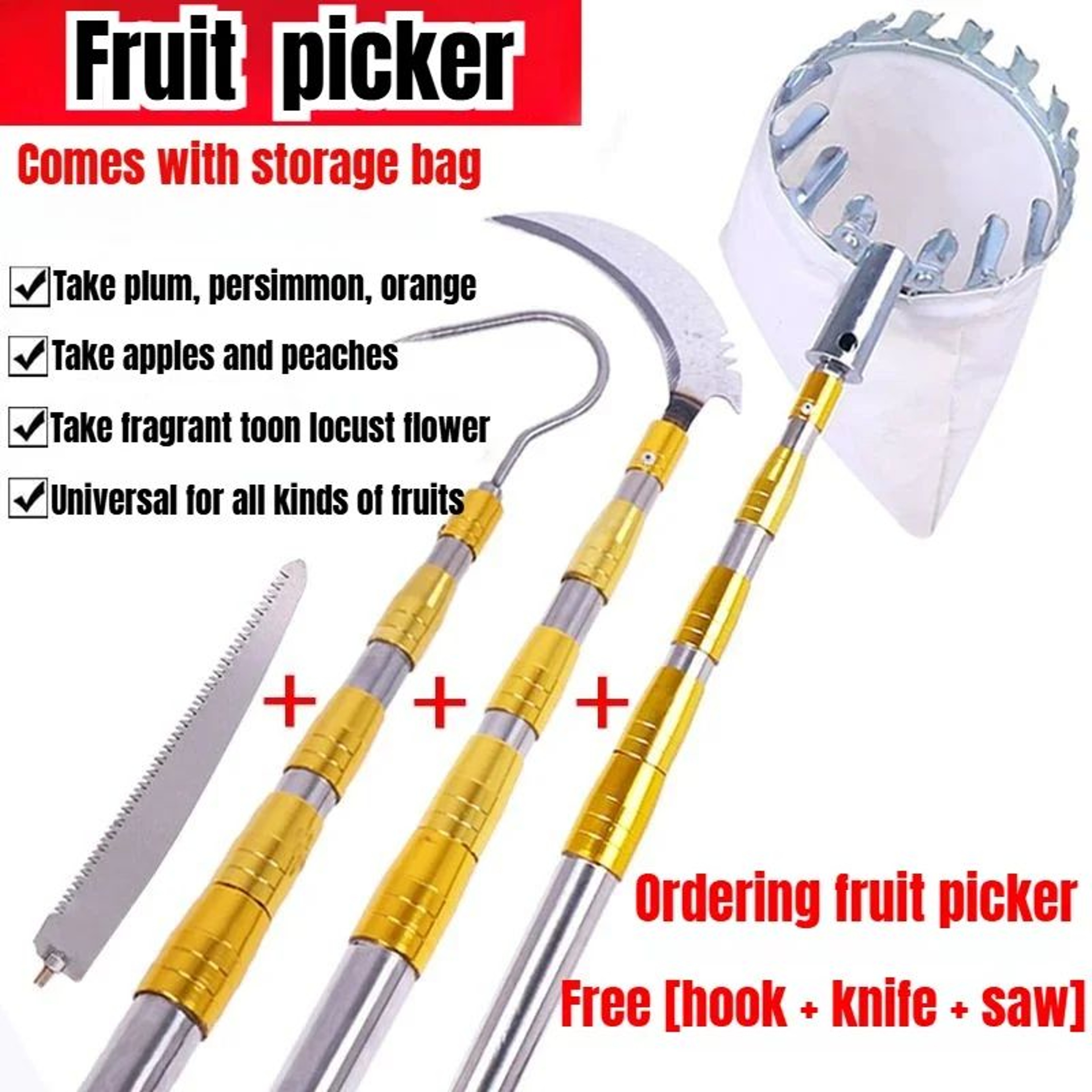 Metal Fruit Picker  Adjustable Telescopic High Tree Fruit Picking Tool With Basket Bag Hook Knife   0