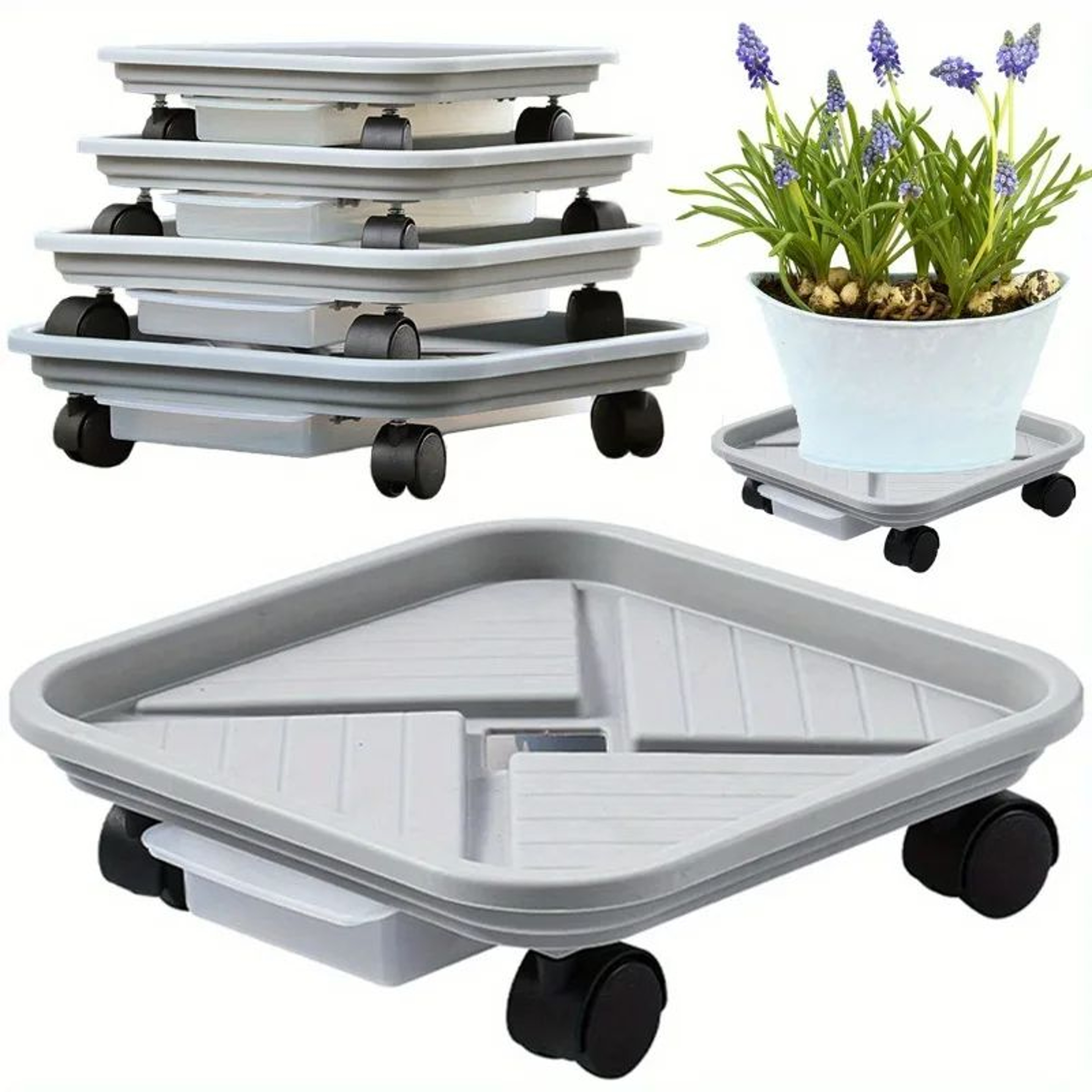 4Wheel Rolling Plant Caddy  Square Plastic Flower Pot Mover With Drainage Tray For Indoor  Outdoor  0