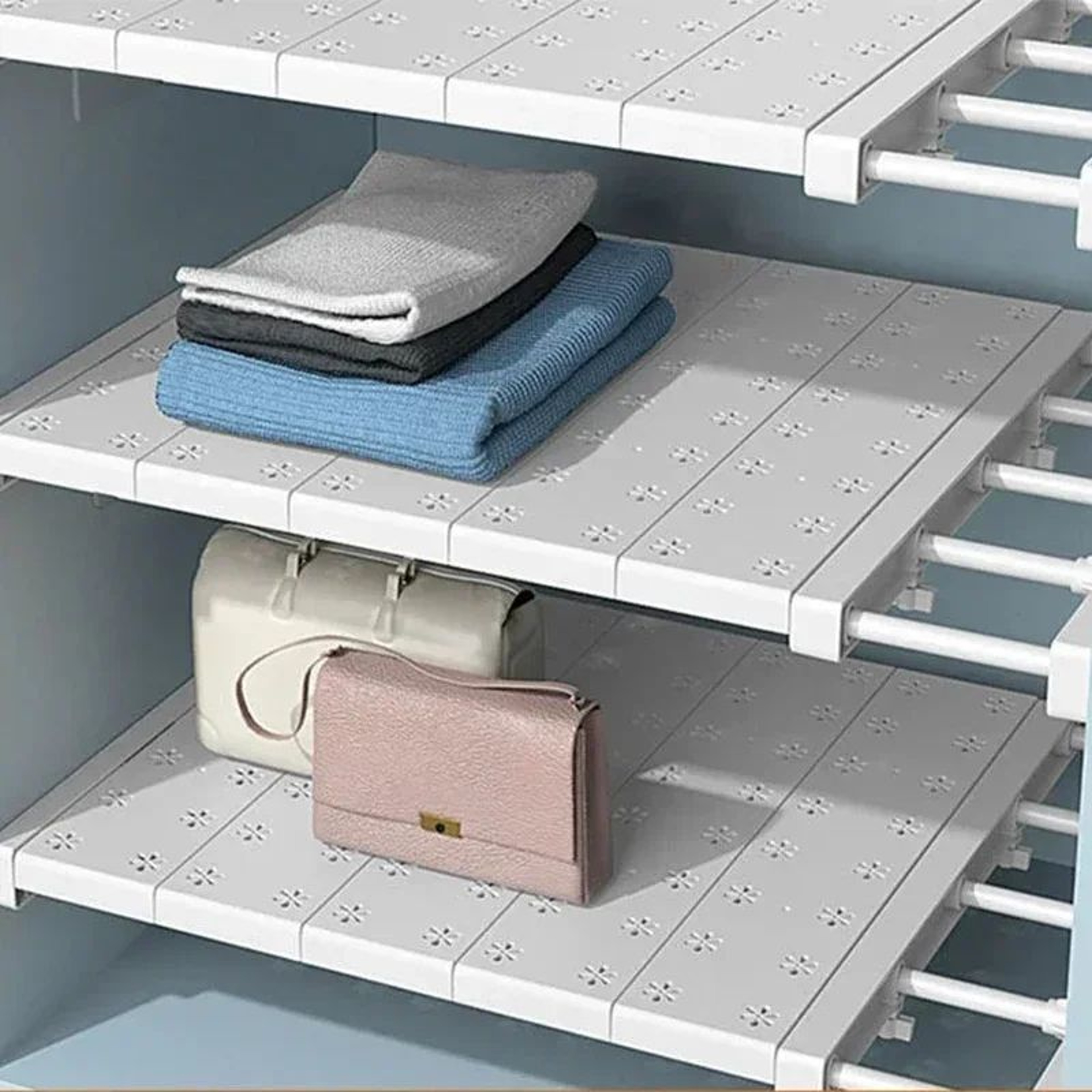 PunchFree Expandable Storage Divider  Retractable Plastic Tension Shelf For Wardrobe Kitchen Bathro 2