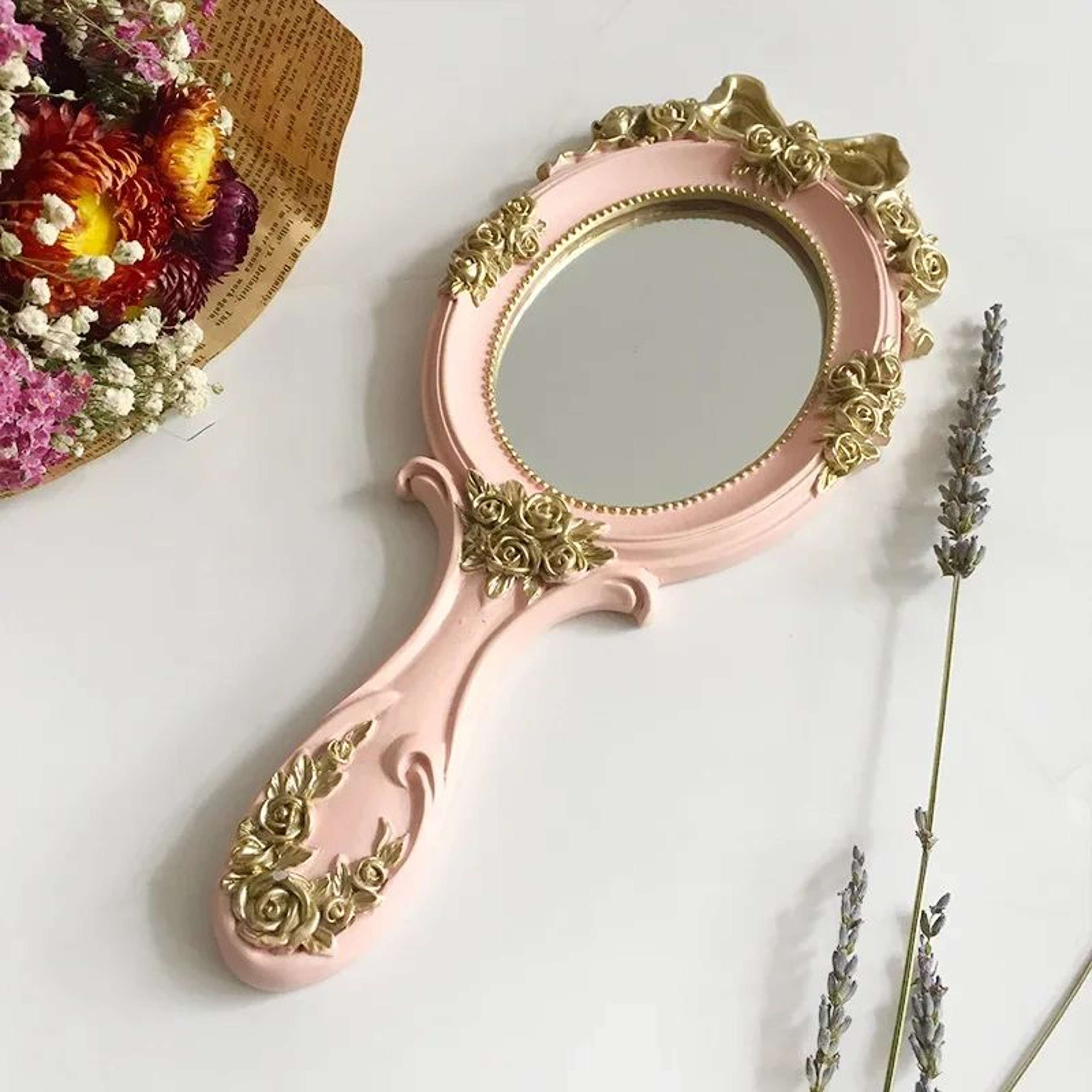 Cute Vintage Handheld Vanity Mirror Resin Makeup Mirror With Handle For Girls Women  Princess Gifts 7