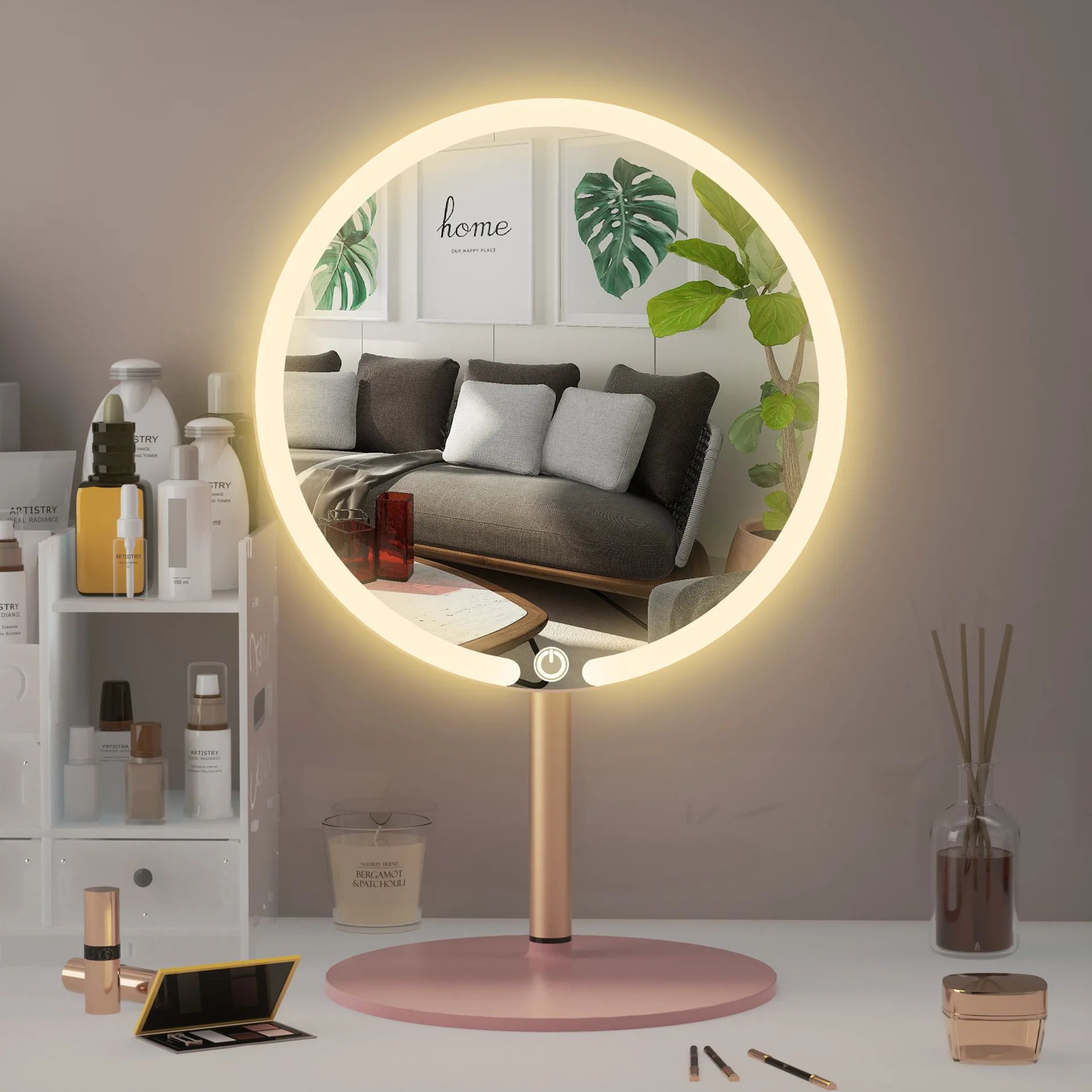 Round LED Makeup Vanity Mirror  Lighted Desktop Beauty Mirror For Makeup Skincare Bathroom  Dressin 1