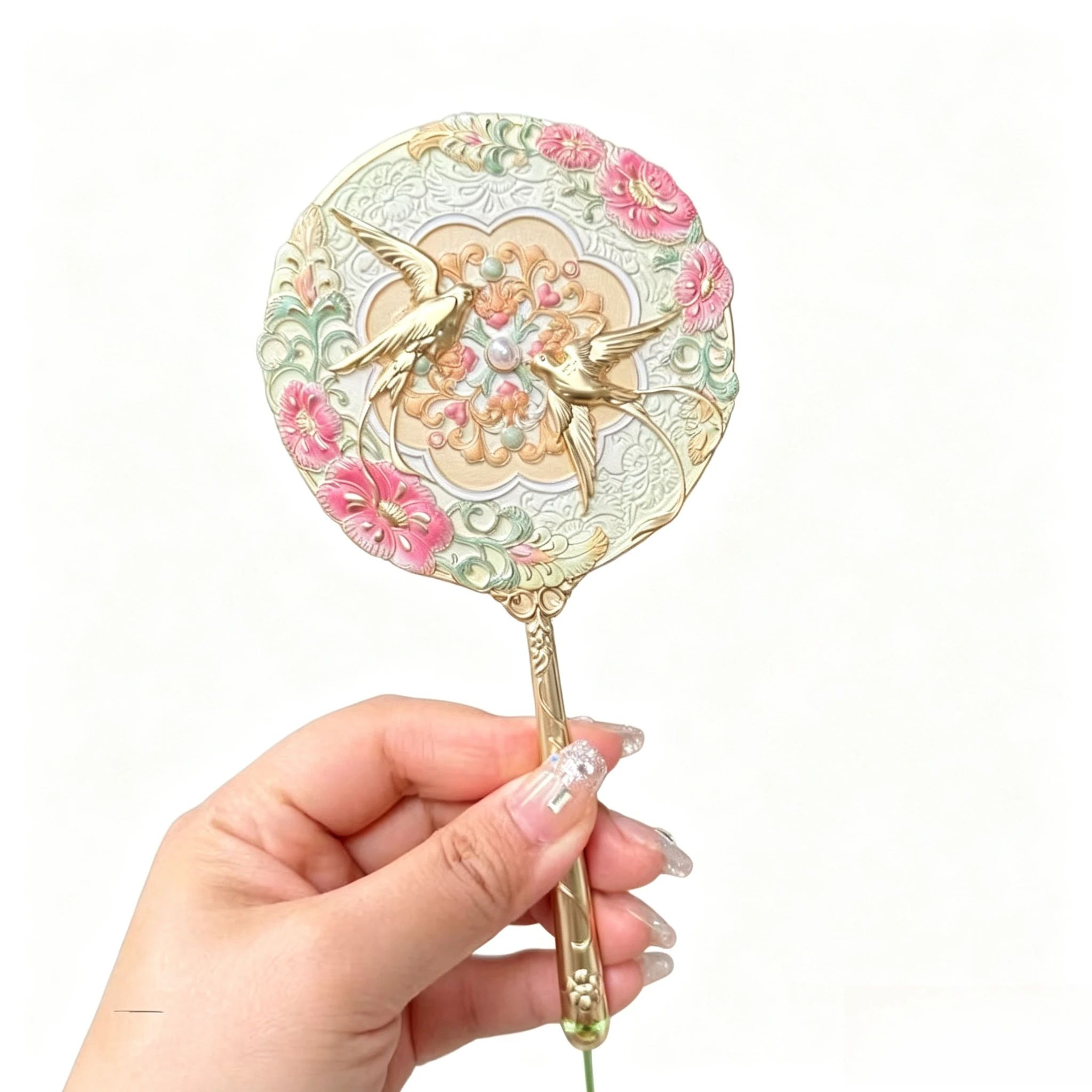 Vintage Chinese Style Peony Pocket Mirror  Portable Mini Makeup Mirror With Skylark Floral Design F 6