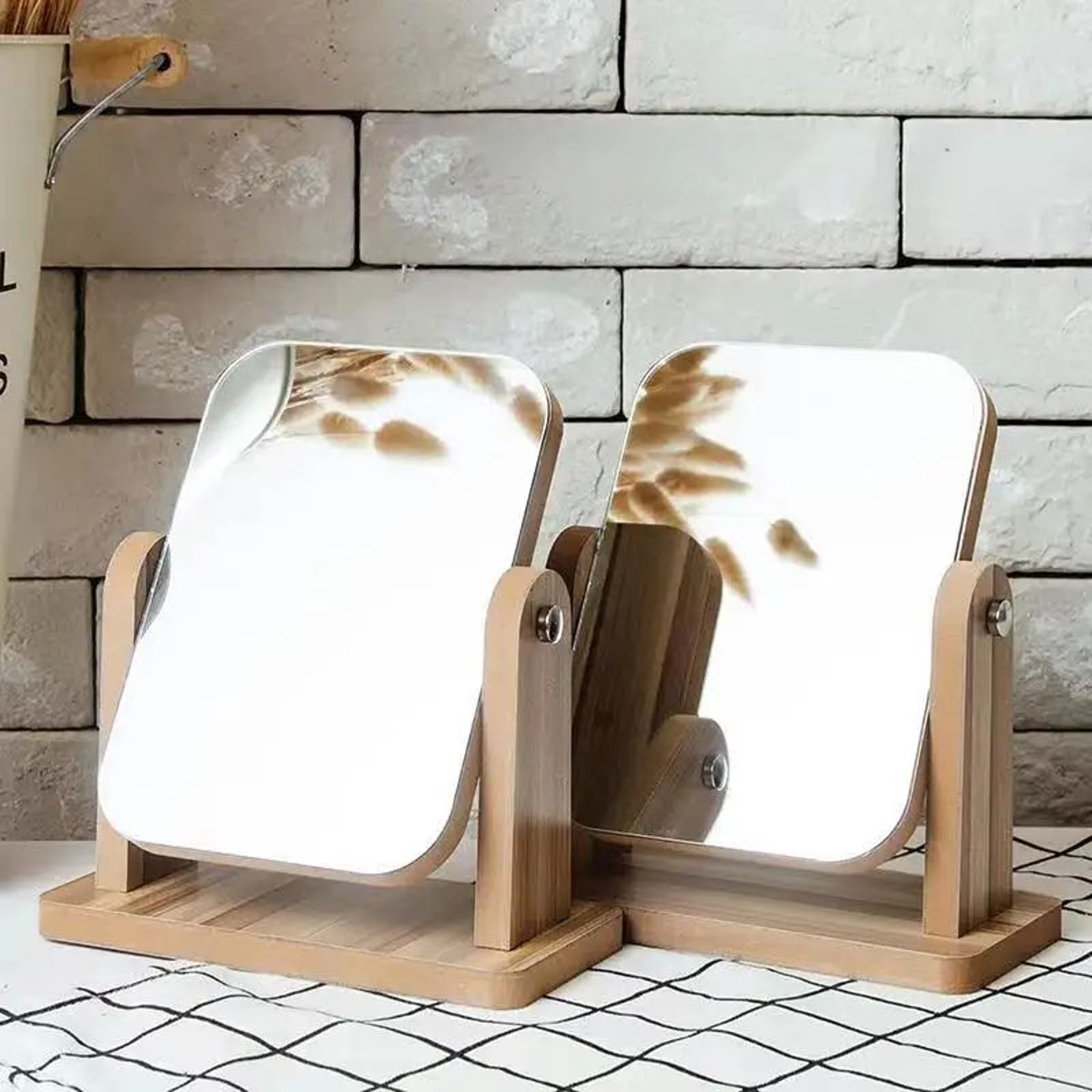 Wooden Desktop Makeup Mirror  Rotating Rectangle Vanity Mirror For Makeup Skincare Dressing Table