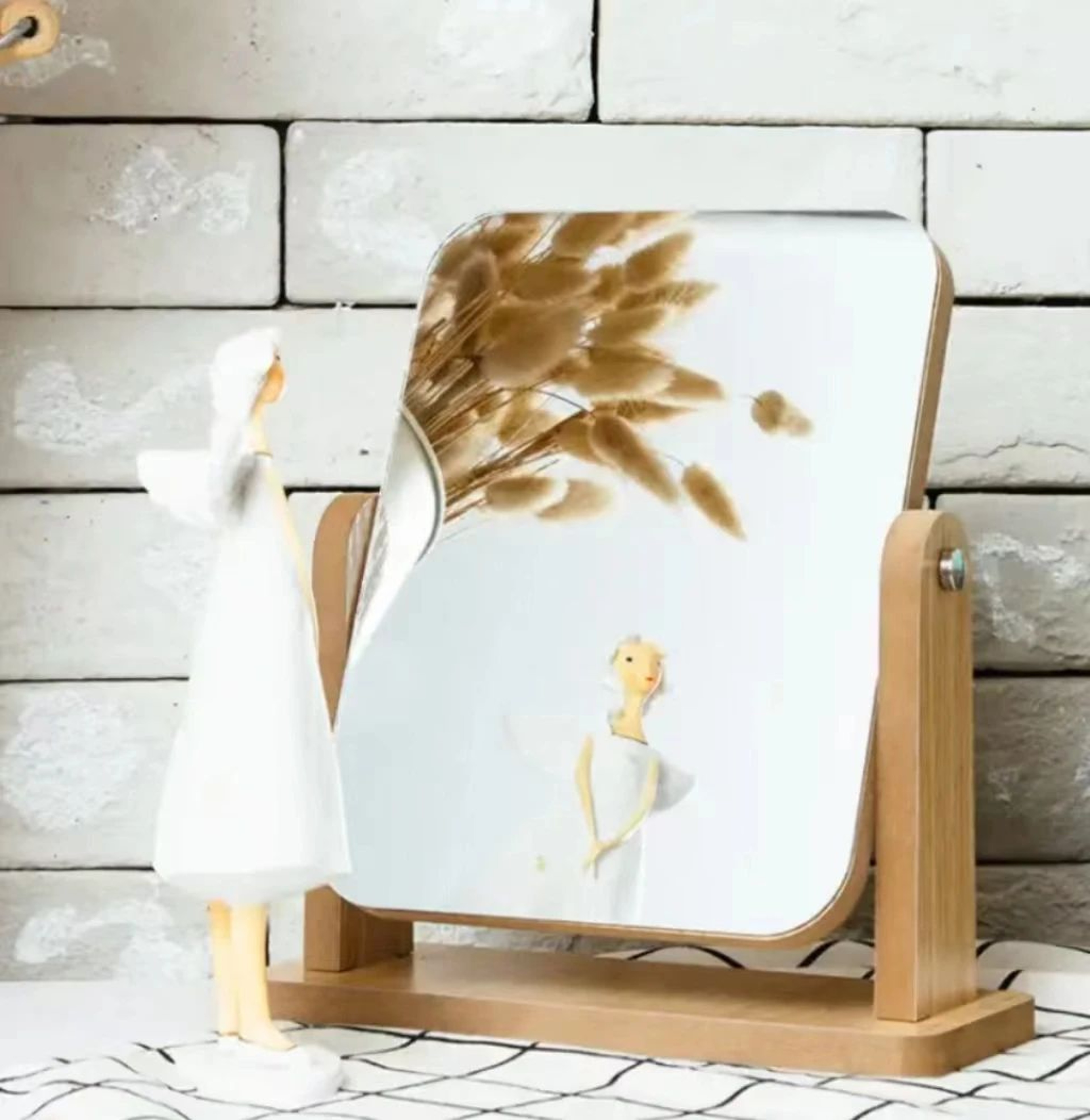Wooden Desktop Makeup Mirror  Rotating Rectangle Vanity Mirror For Makeup Skincare Dressing Table   10