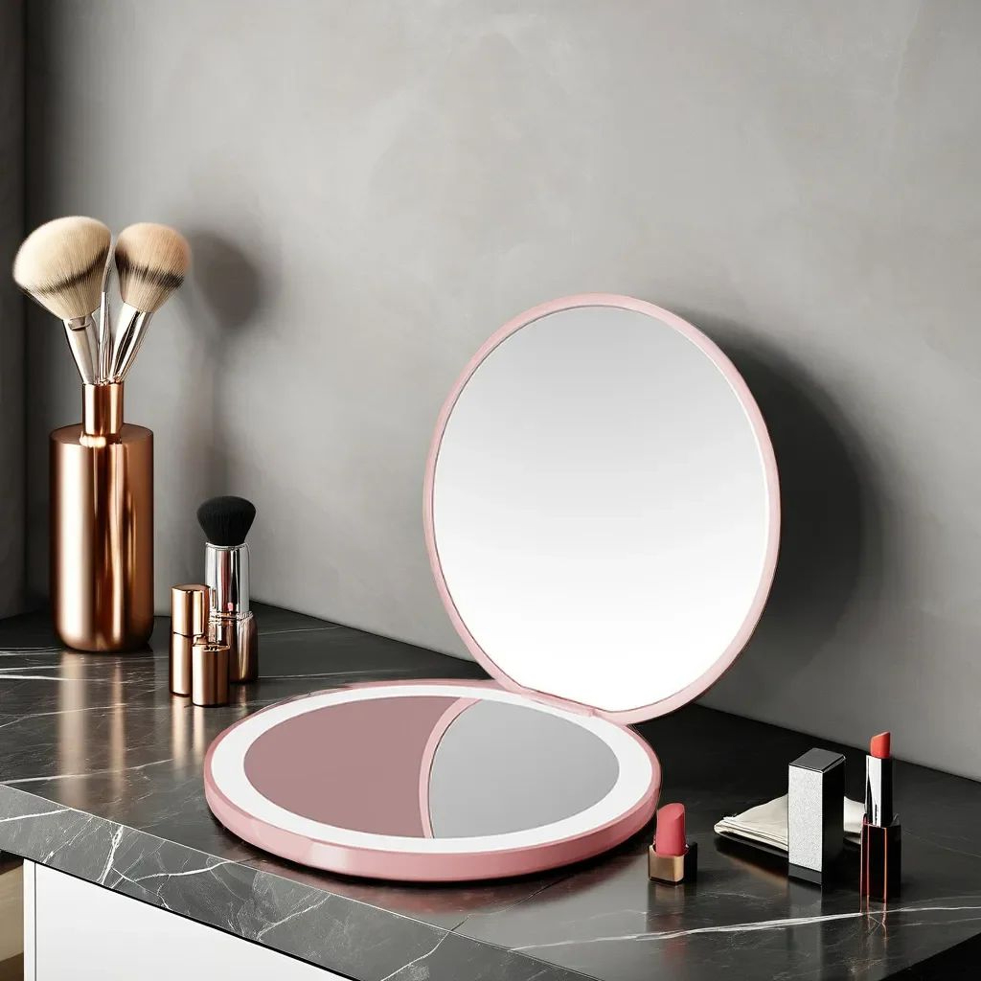 Pocket LED Makeup Mirror  Portable Folding Round 2X Magnifying Lighted Compact Mirror For Travel Pu 3