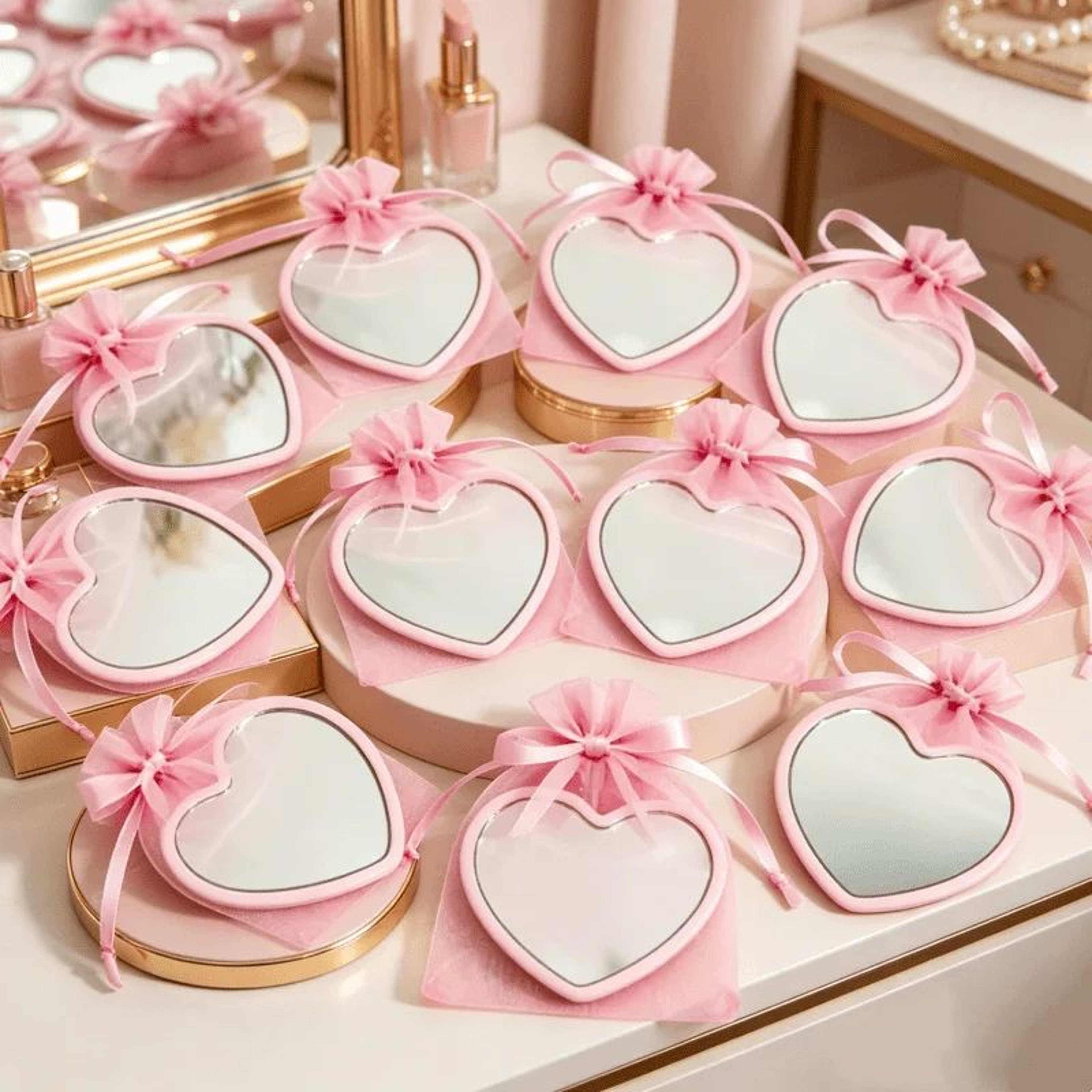 30pcs HeartShaped Mini Mirrors  Portable Compact Handheld Makeup Mirrors With Pink Storage Bag For  0