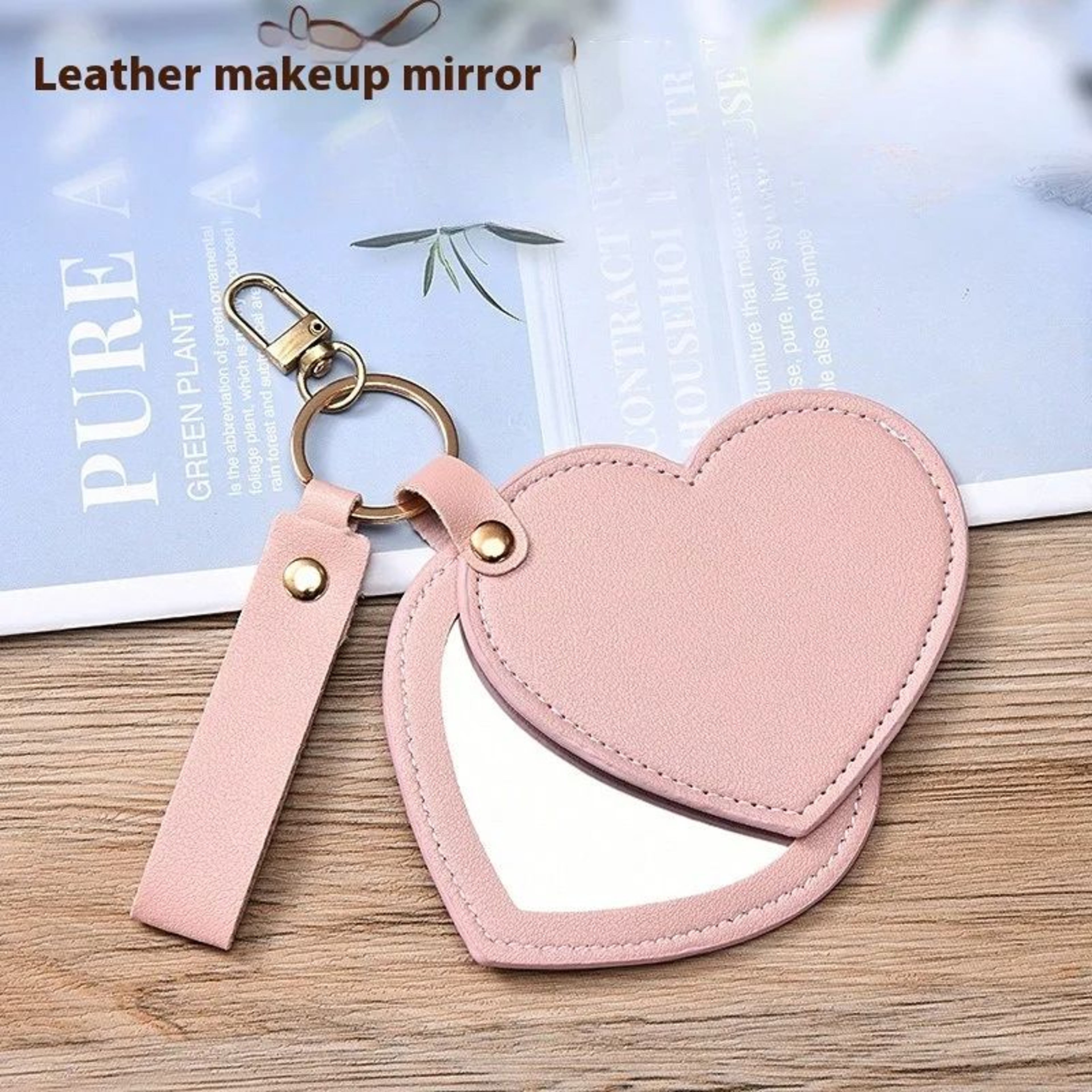 HeartShaped Compact Makeup Mirror  PU Leather Pocket Vanity Mirror With Keychain For Purse Travel A 3