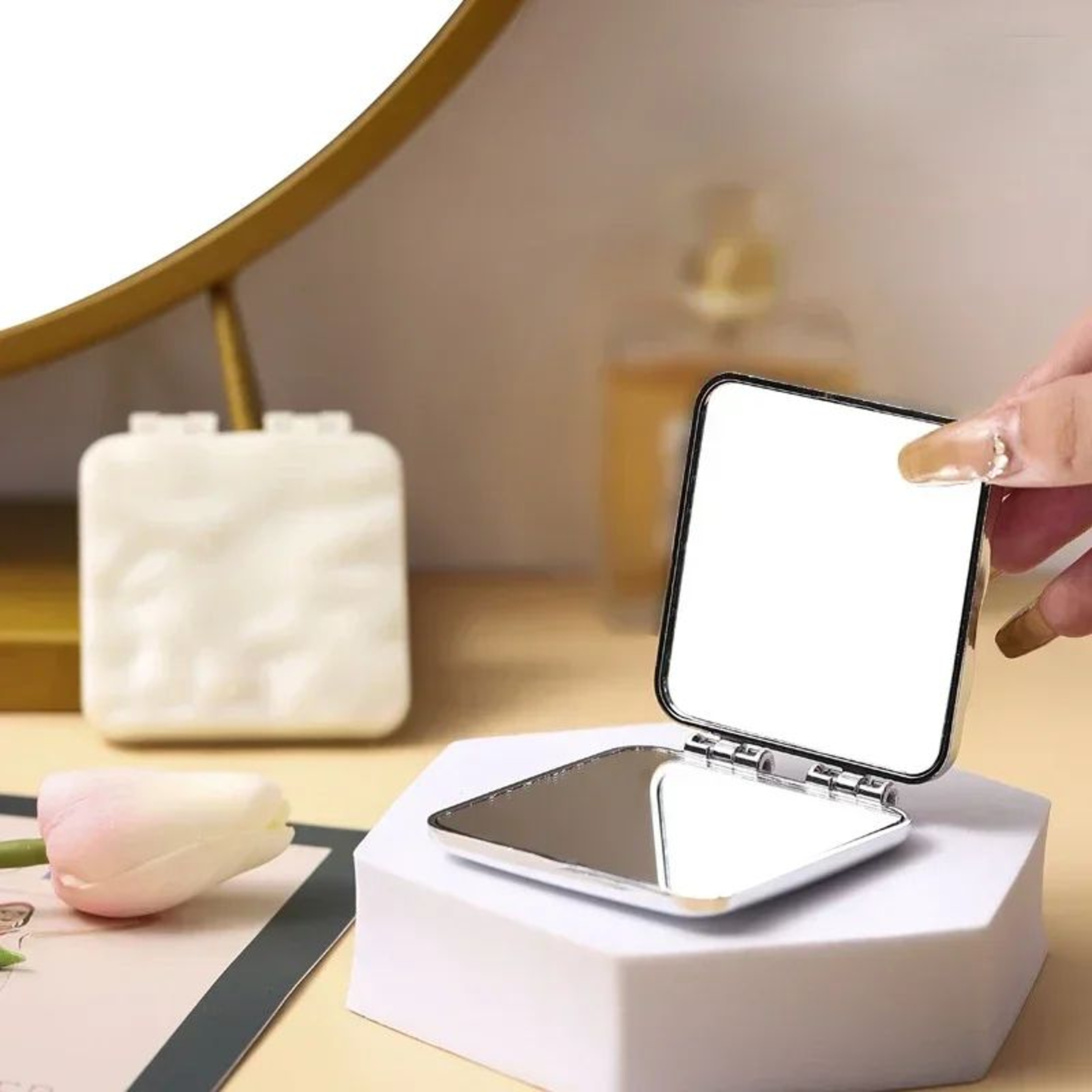 Mini Square DoubleSided Folding Makeup Mirror  Compact Plated Pocket Vanity Mirror For Travel Purse 3