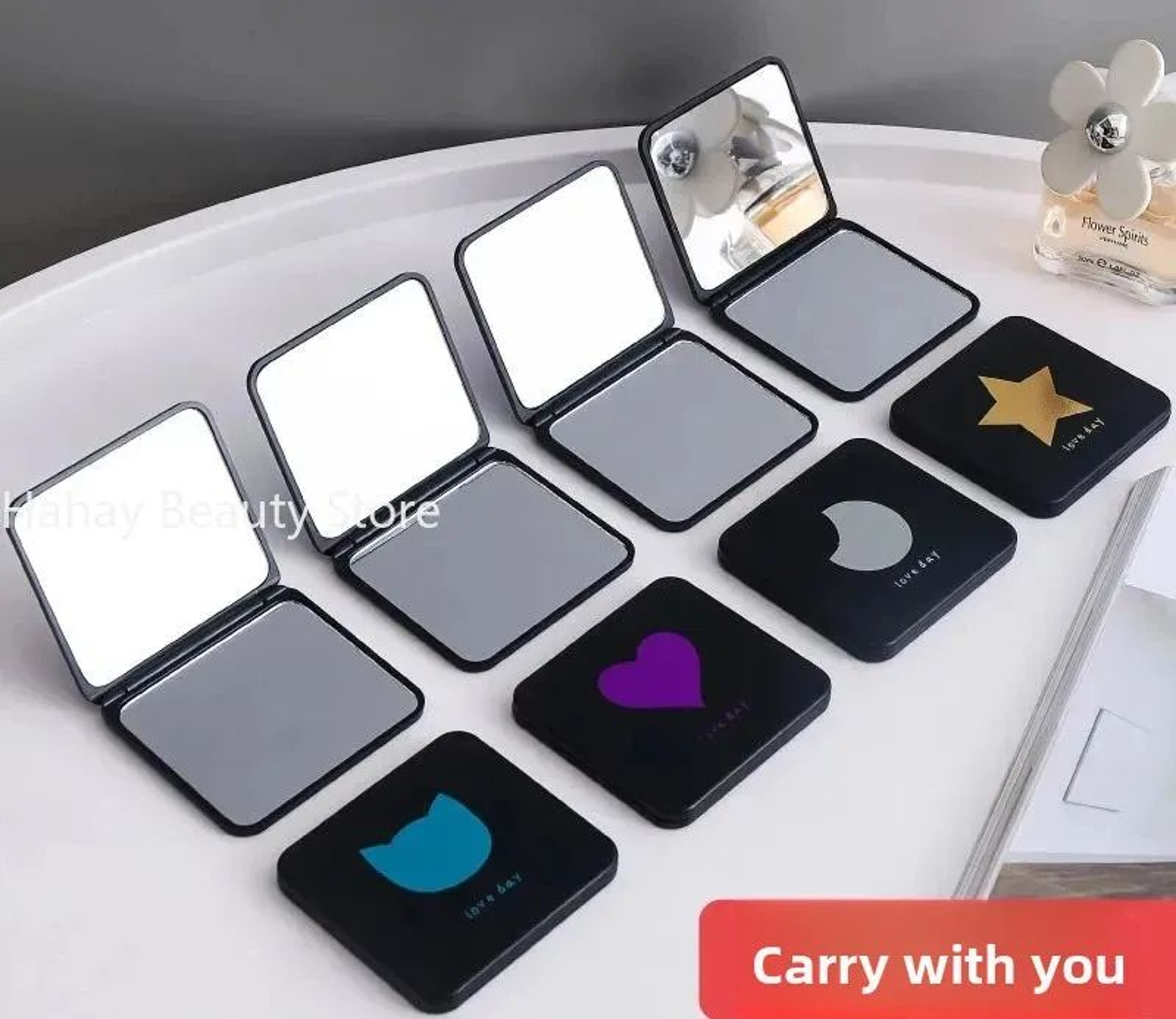 Mini DoubleSided Folding Makeup Mirror  Compact Square Pocket Vanity Mirror With Cat Heart Star Moo 0