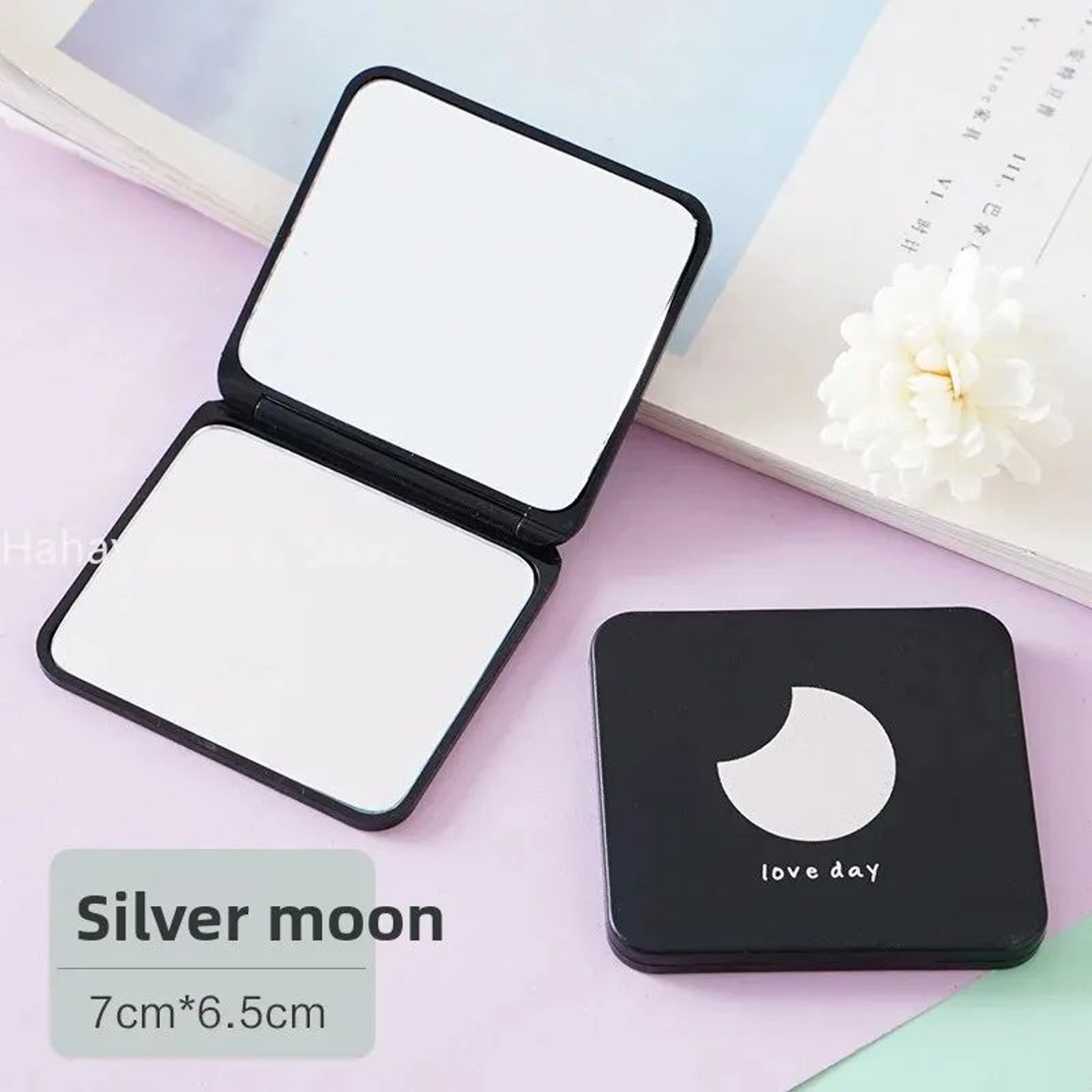 Mini DoubleSided Folding Makeup Mirror  Compact Square Pocket Vanity Mirror With Cat Heart Star Moo 9