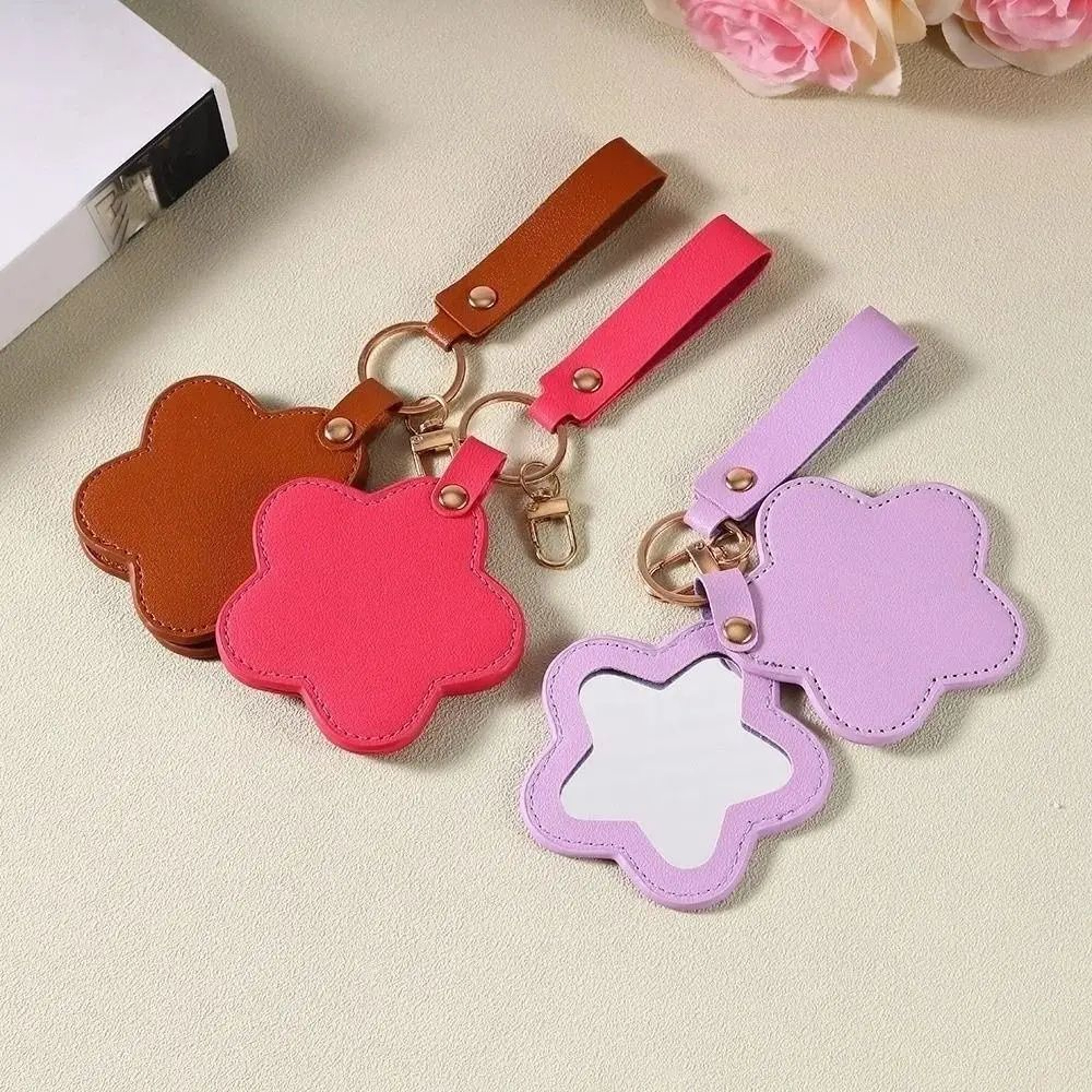 Mini StarShaped Rotating Makeup Mirror  PU Leather Pocket Compact Mirror With Key Ring Pendant For