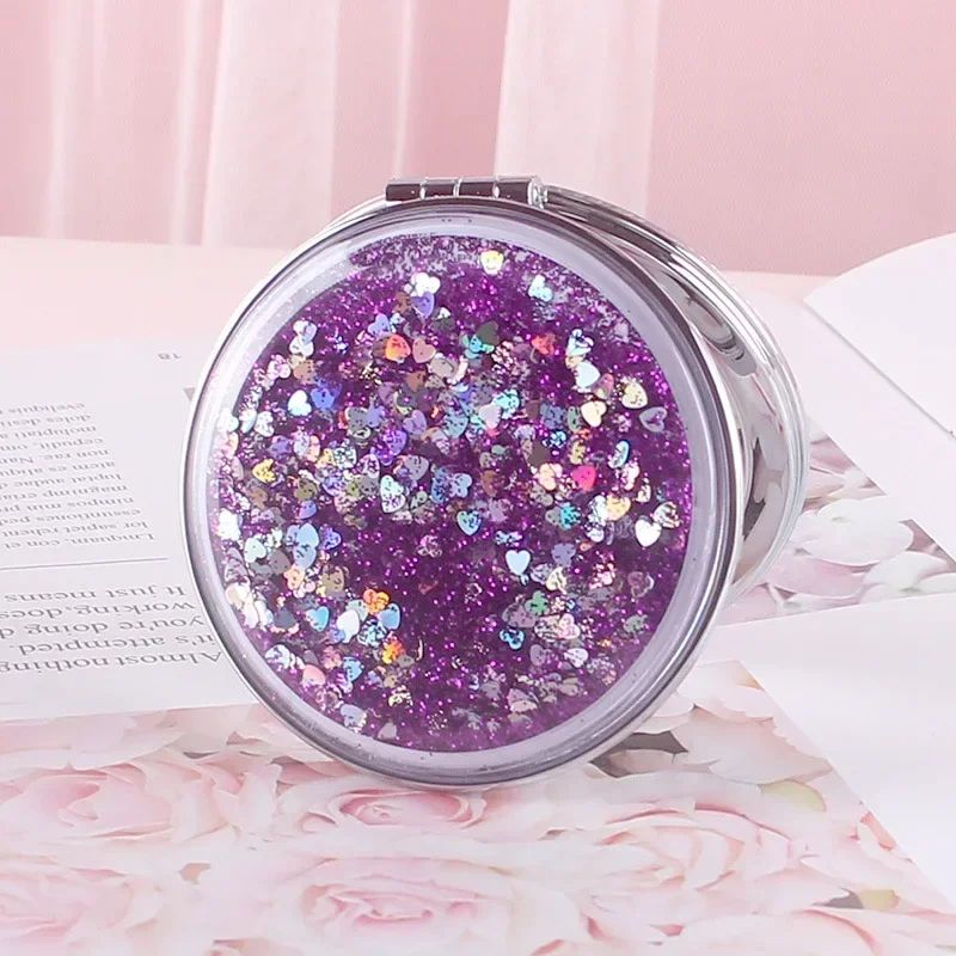 Sparkling Sand DoubleSided Folding Makeup Mirror  2X Magnifying Stainless Steel Compact Pocket Mirr 4