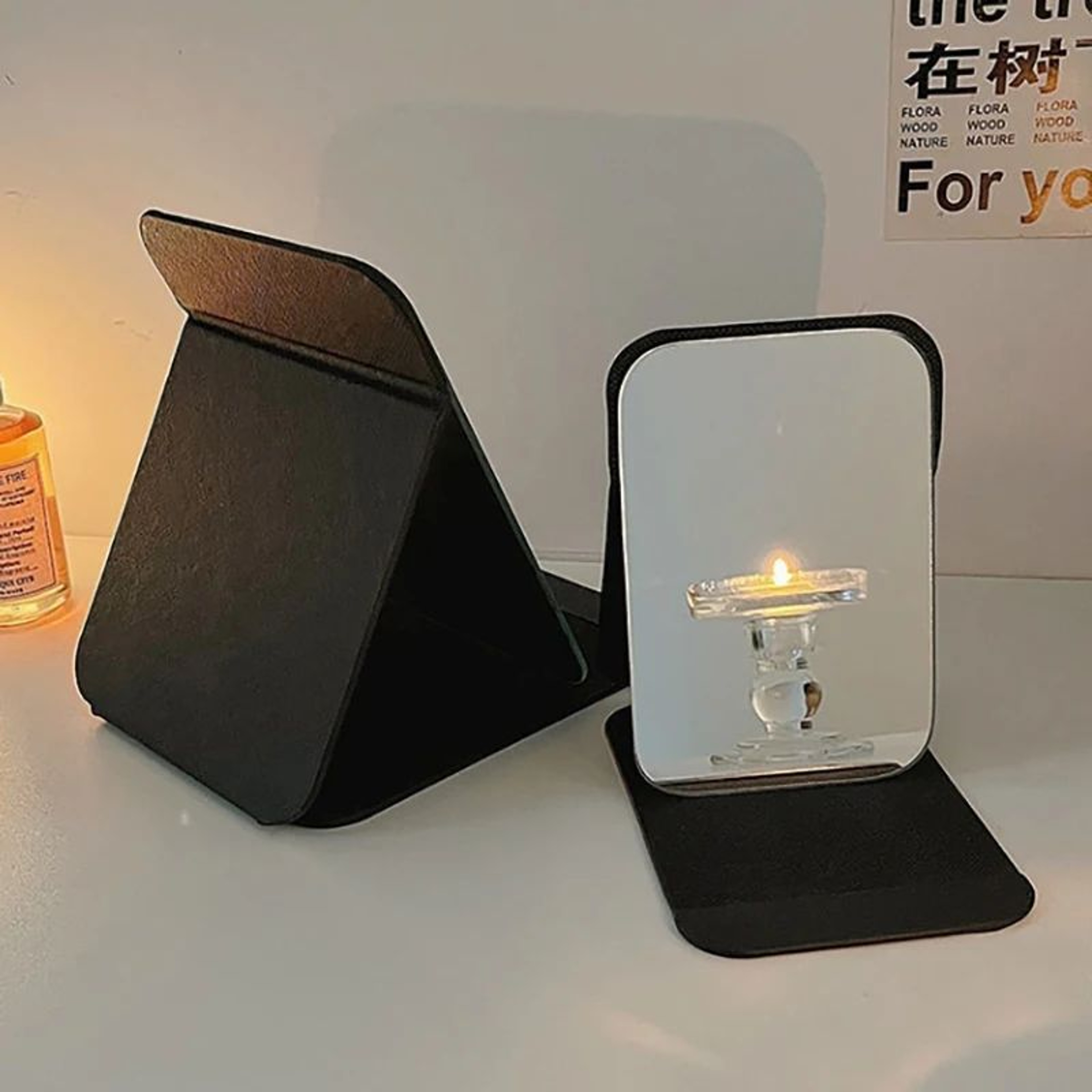 Portable PU Leather Folding Makeup Mirror  Compact Black Desktop Handheld Vanity Mirror For Travel  4