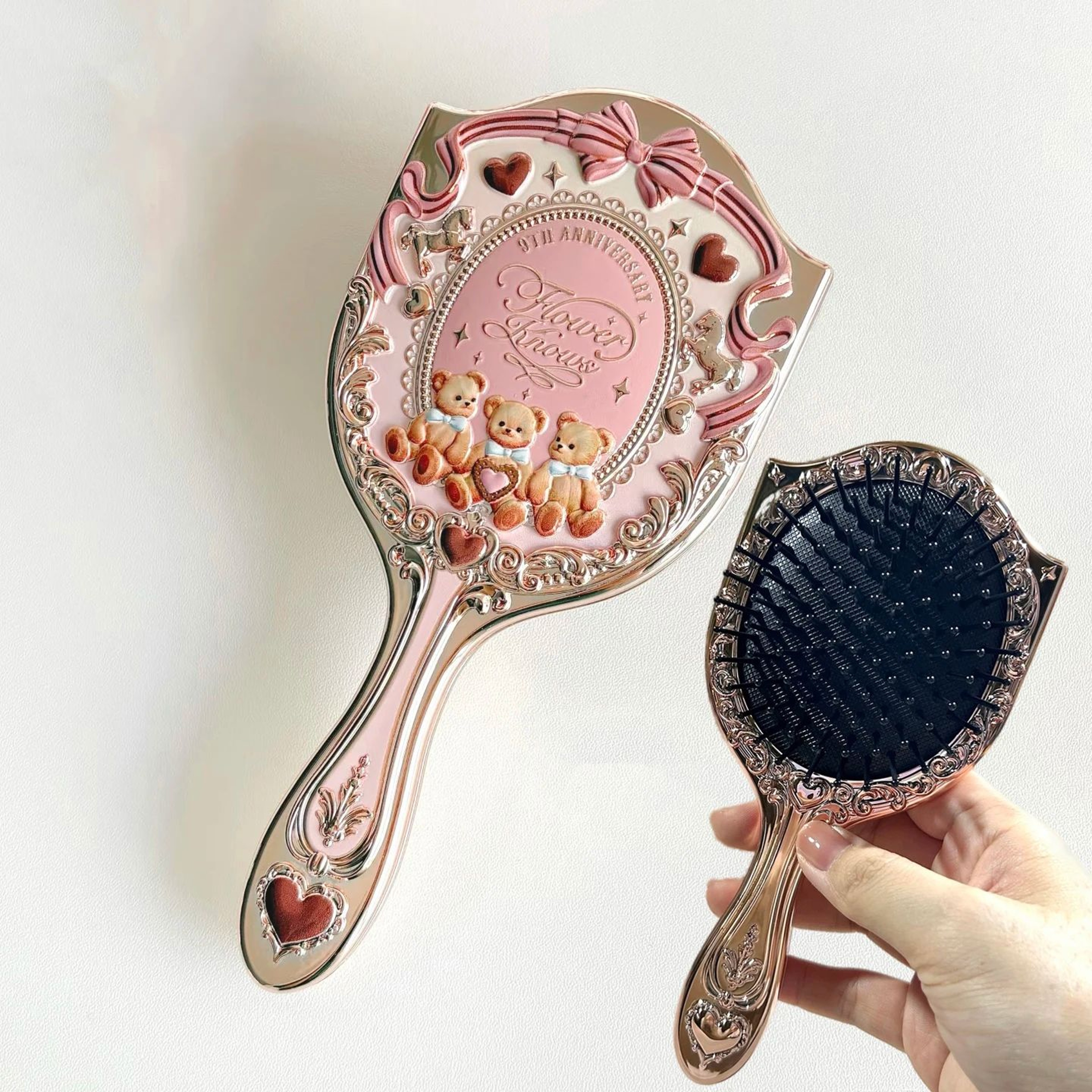 Flower Knows 9th Anniversary Vanity Mirror  Luxury Makeup Desk Set With Paddle Hair Brush  Acrylic  6
