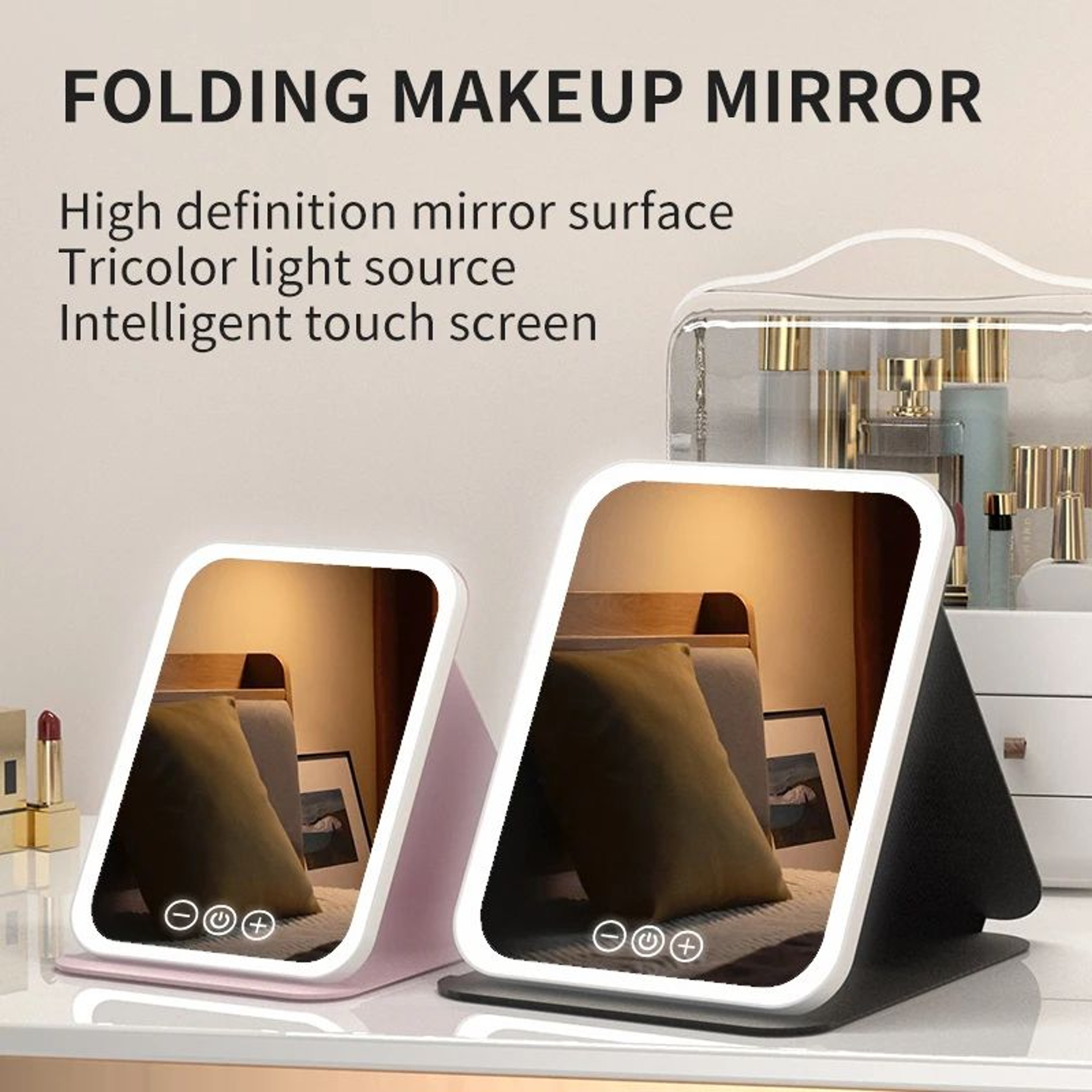 3 Color Dimmable LED Makeup Mirror  Rechargeable Foldable Touch Screen Vanity Mirror For Travel Hom 5