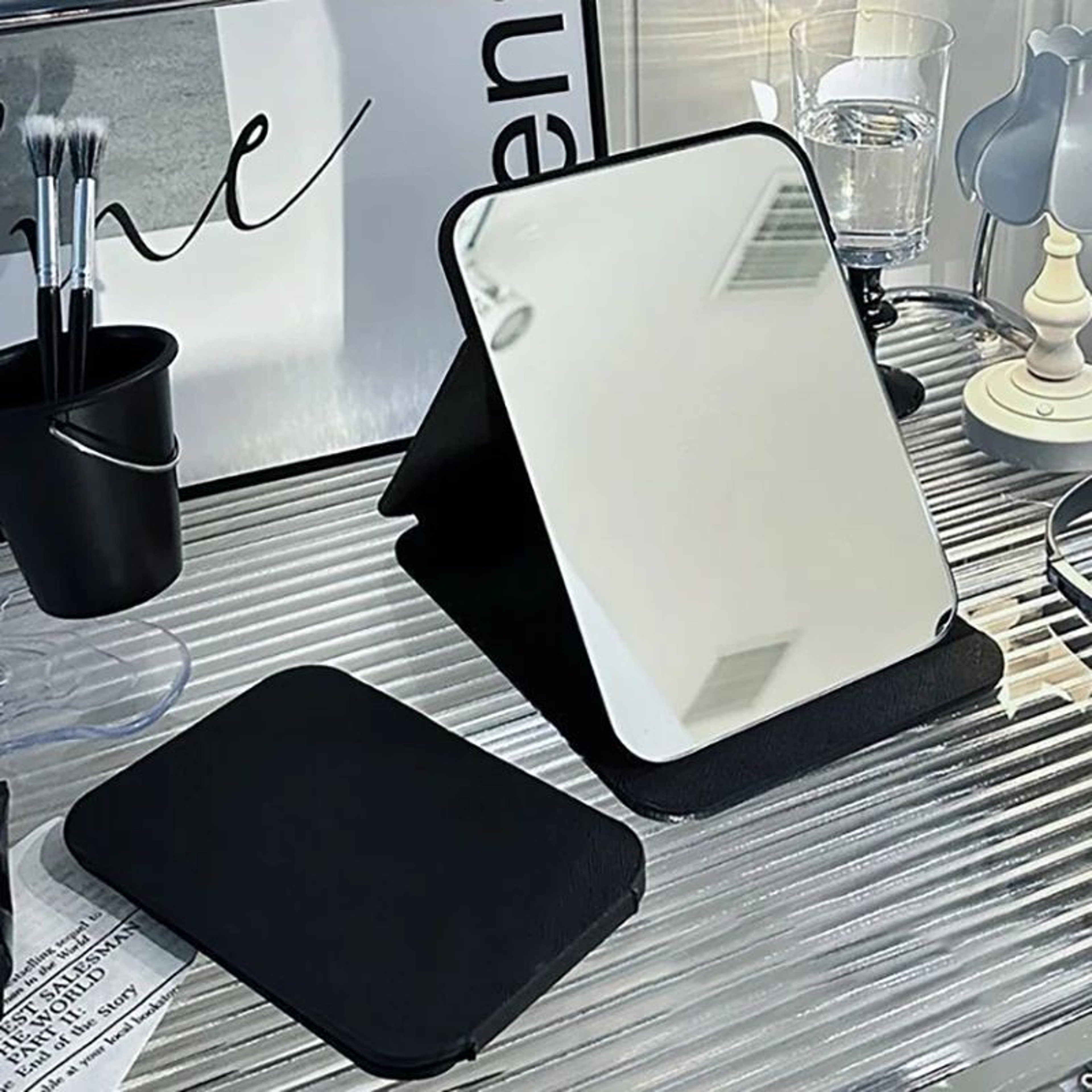 Foldable PU Leather Makeup Mirror  Portable Black Compact Pocket  Desktop Mirror For Travel Student 2