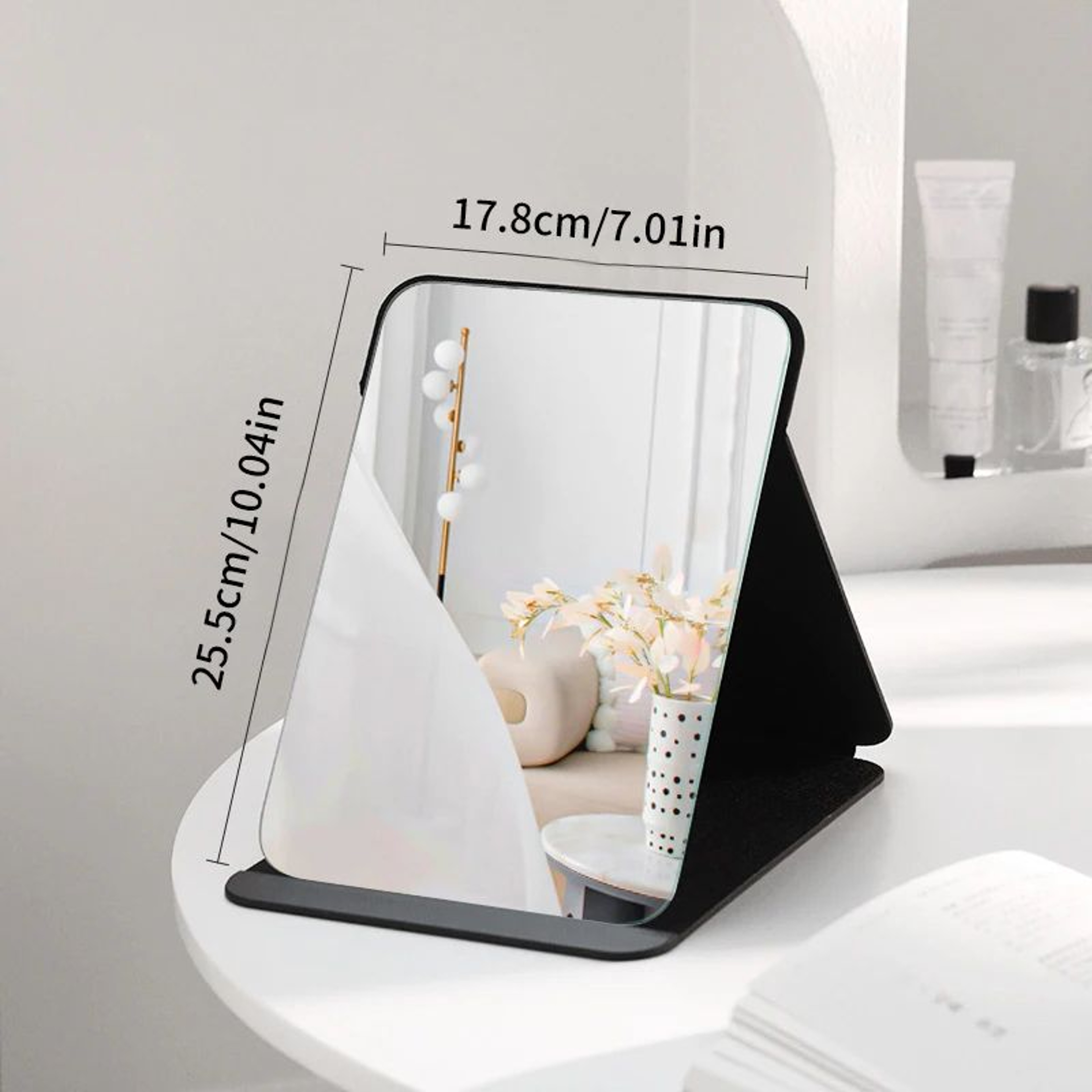 Foldable PU Leather Makeup Mirror  Portable Black Compact Pocket  Desktop Mirror For Travel Student 5