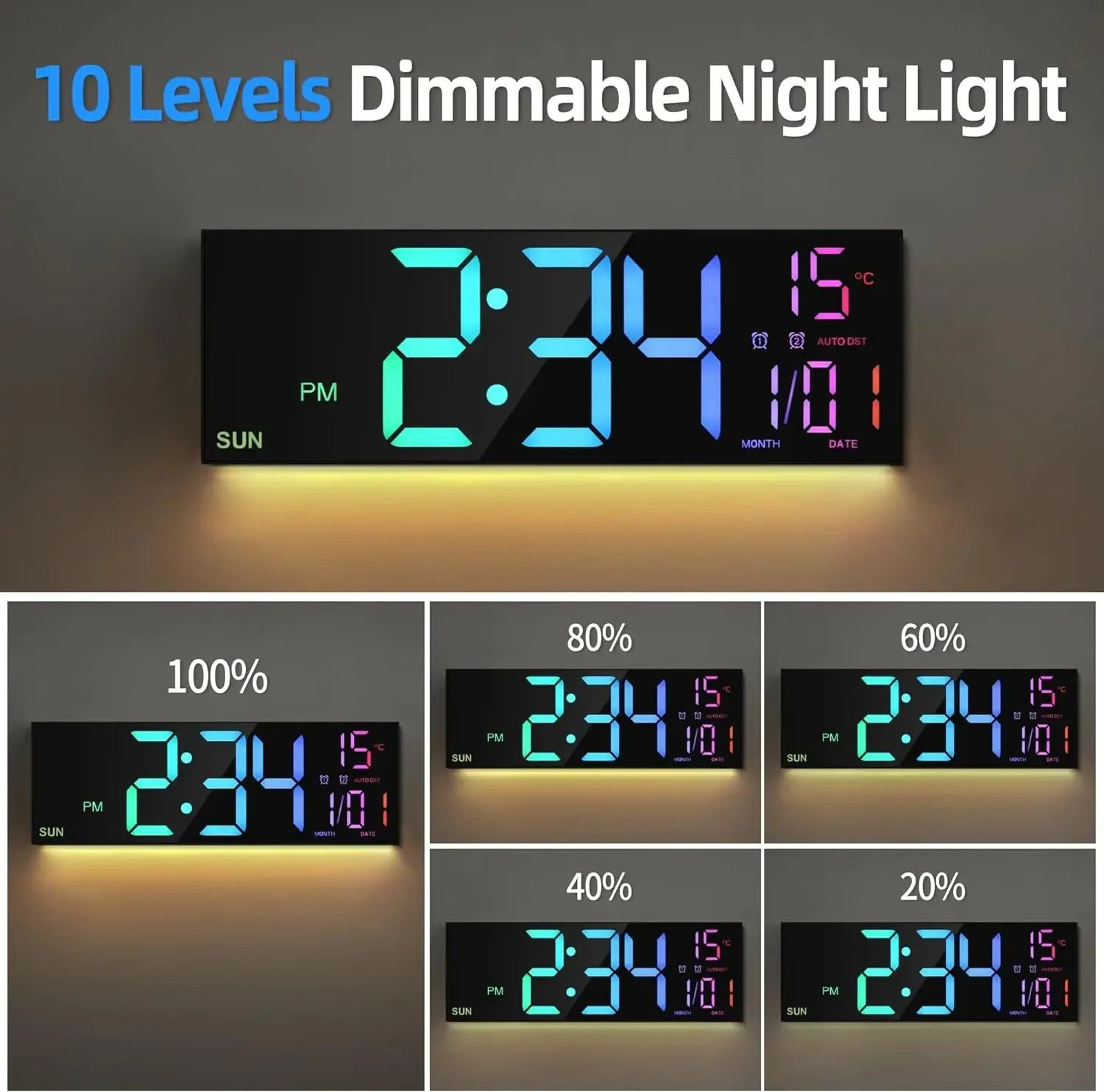 162 In Large Digital Wall Clock  Jumbo LED Display Dual Alarm Remote Control 8 RGB Colors Auto Dimm 4