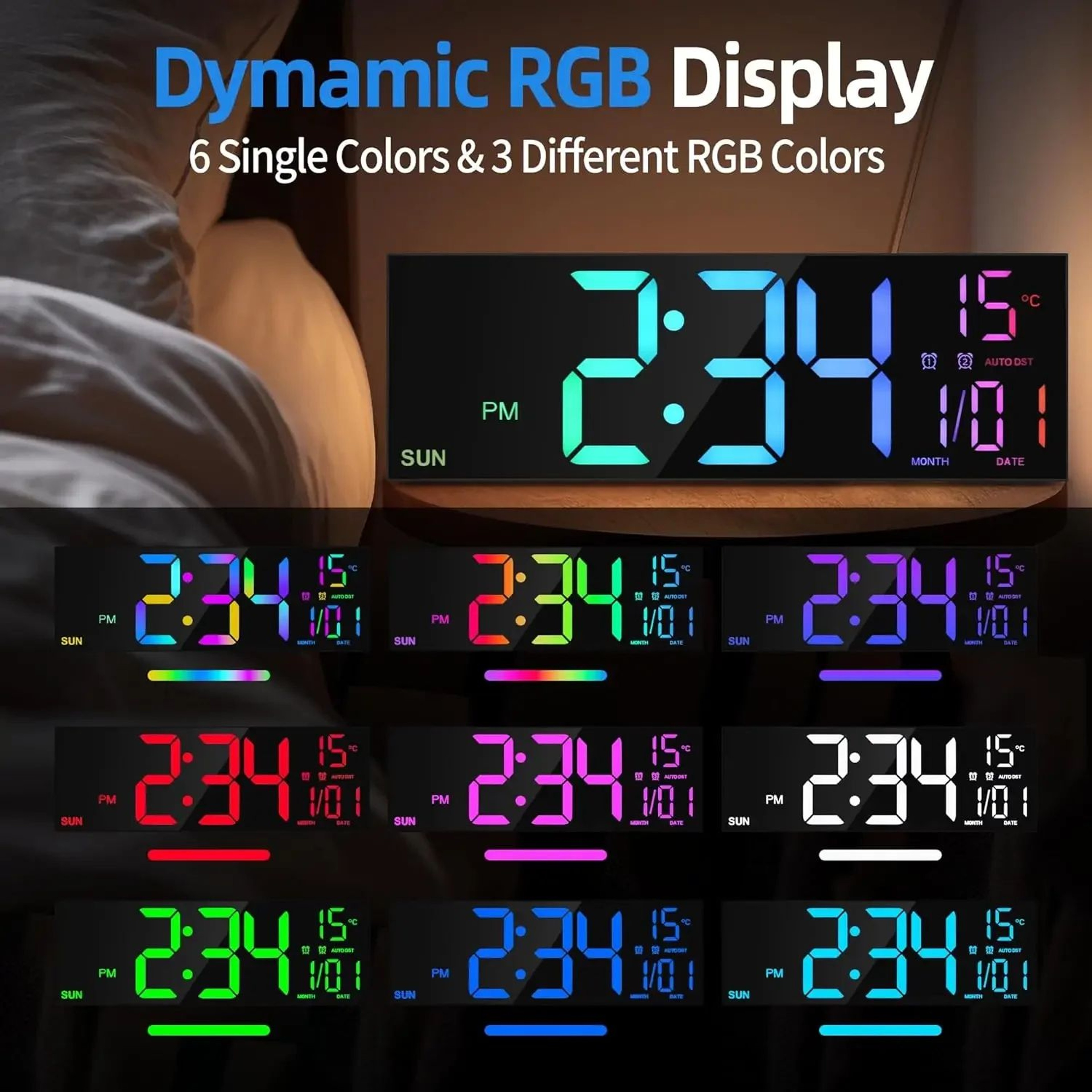 162 In Large Digital Wall Clock  Jumbo LED Display Dual Alarm Remote Control 8 RGB Colors Auto Dimm 2