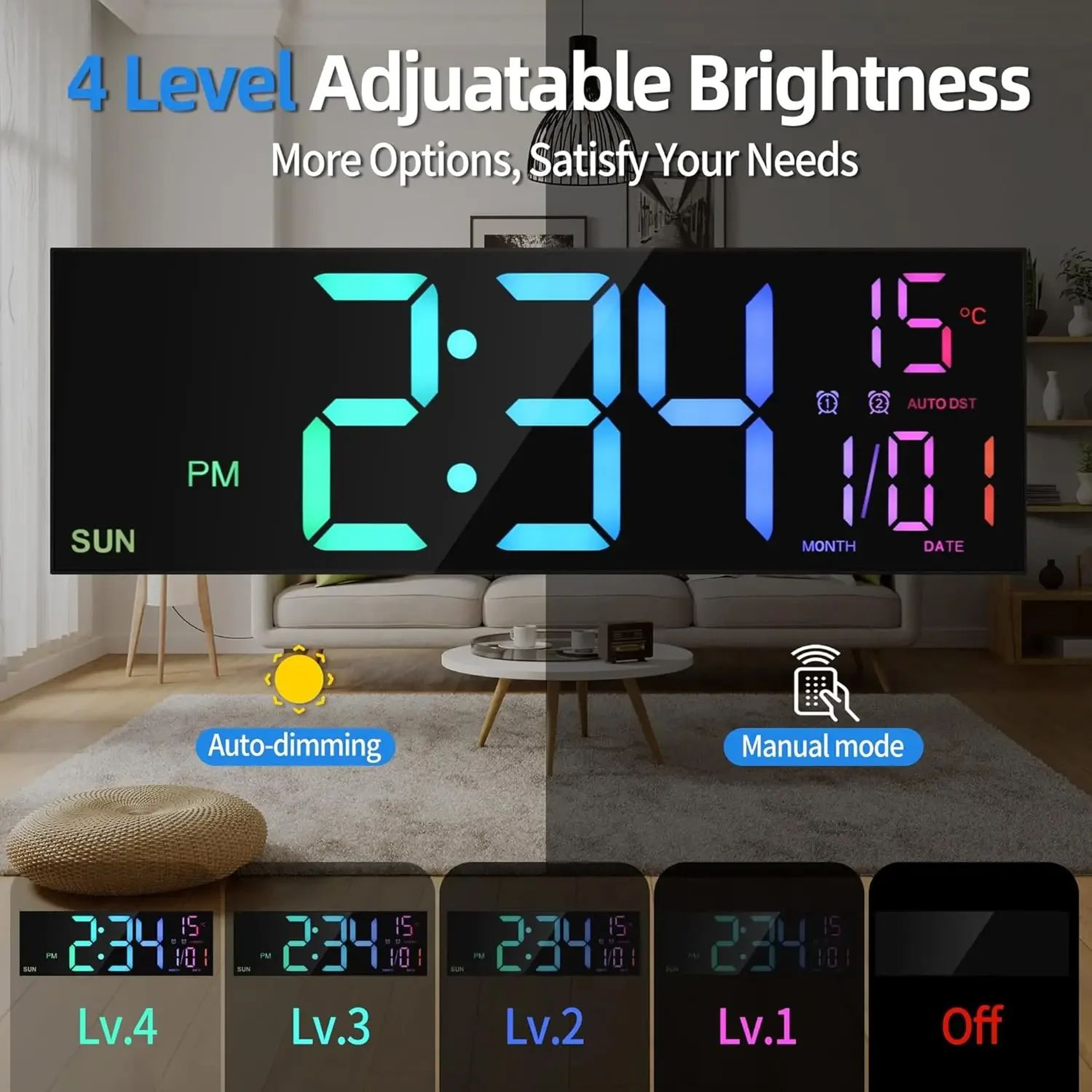 162 In Large Digital Wall Clock  Jumbo LED Display Dual Alarm Remote Control 8 RGB Colors Auto Dimm 3