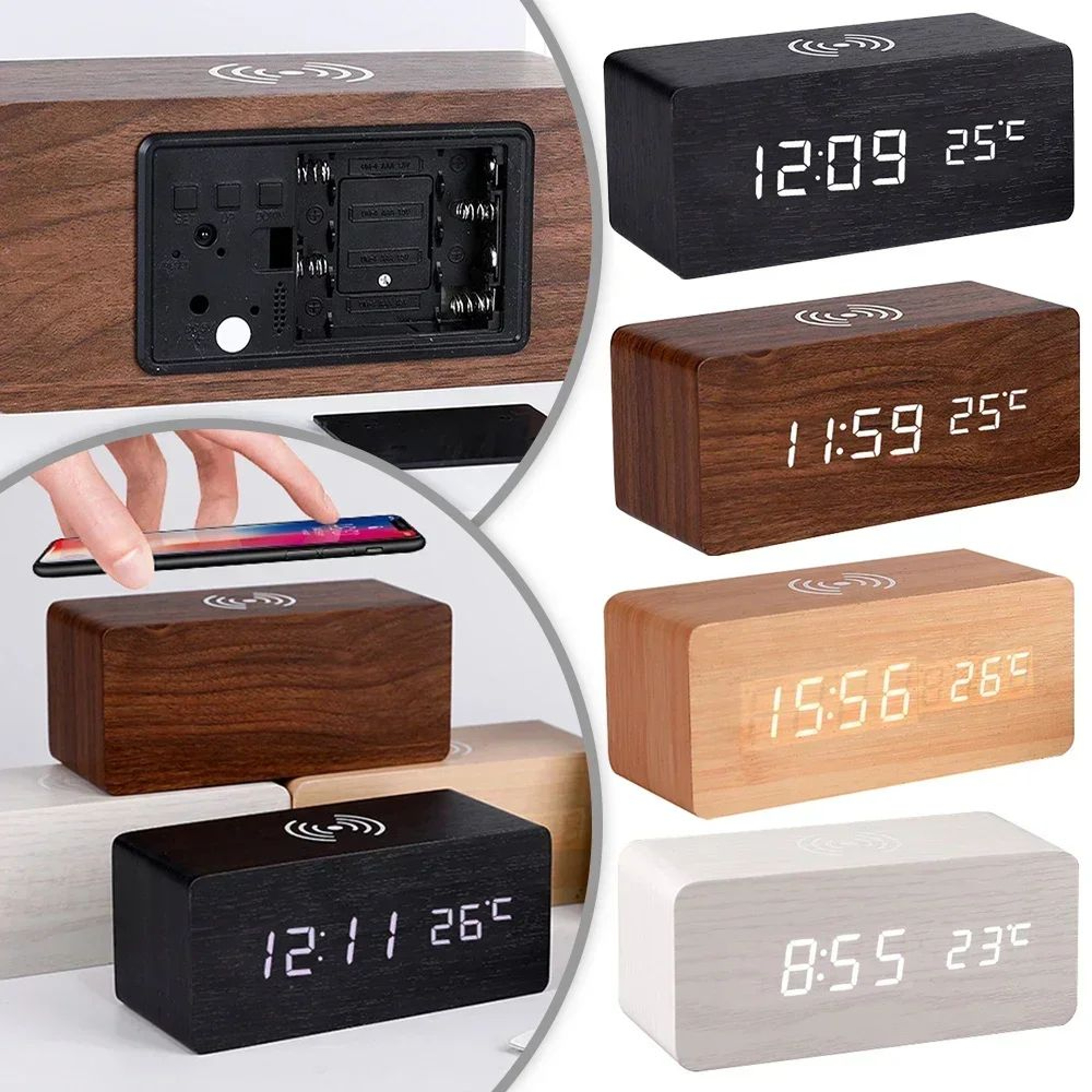 Wooden LED Alarm Clock  Qi Wireless Charging Digital Desk Clock With Thermometer 3 Alarms  Adjustab 0