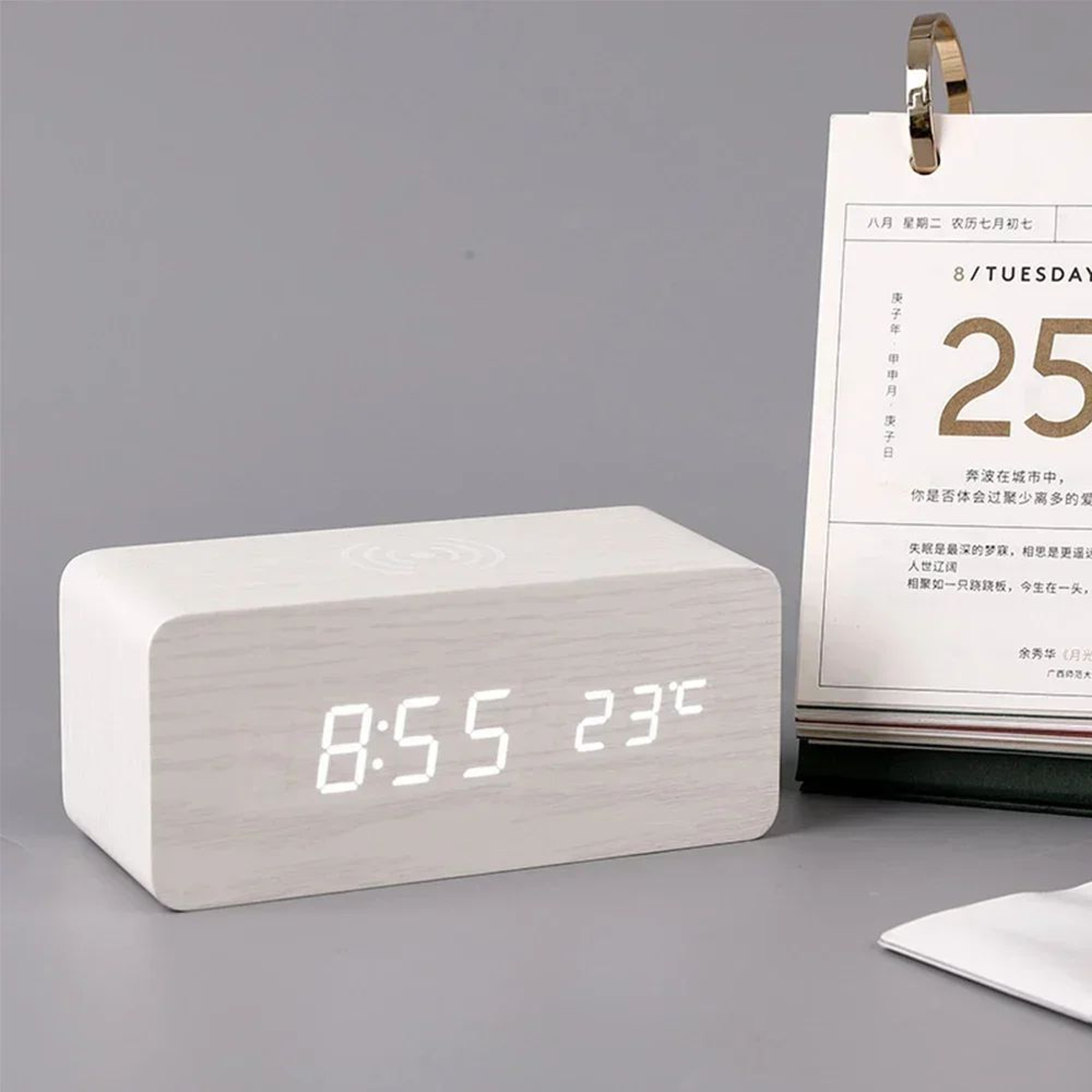 Wooden LED Alarm Clock  Qi Wireless Charging Digital Desk Clock With Thermometer 3 Alarms  Adjustab 1