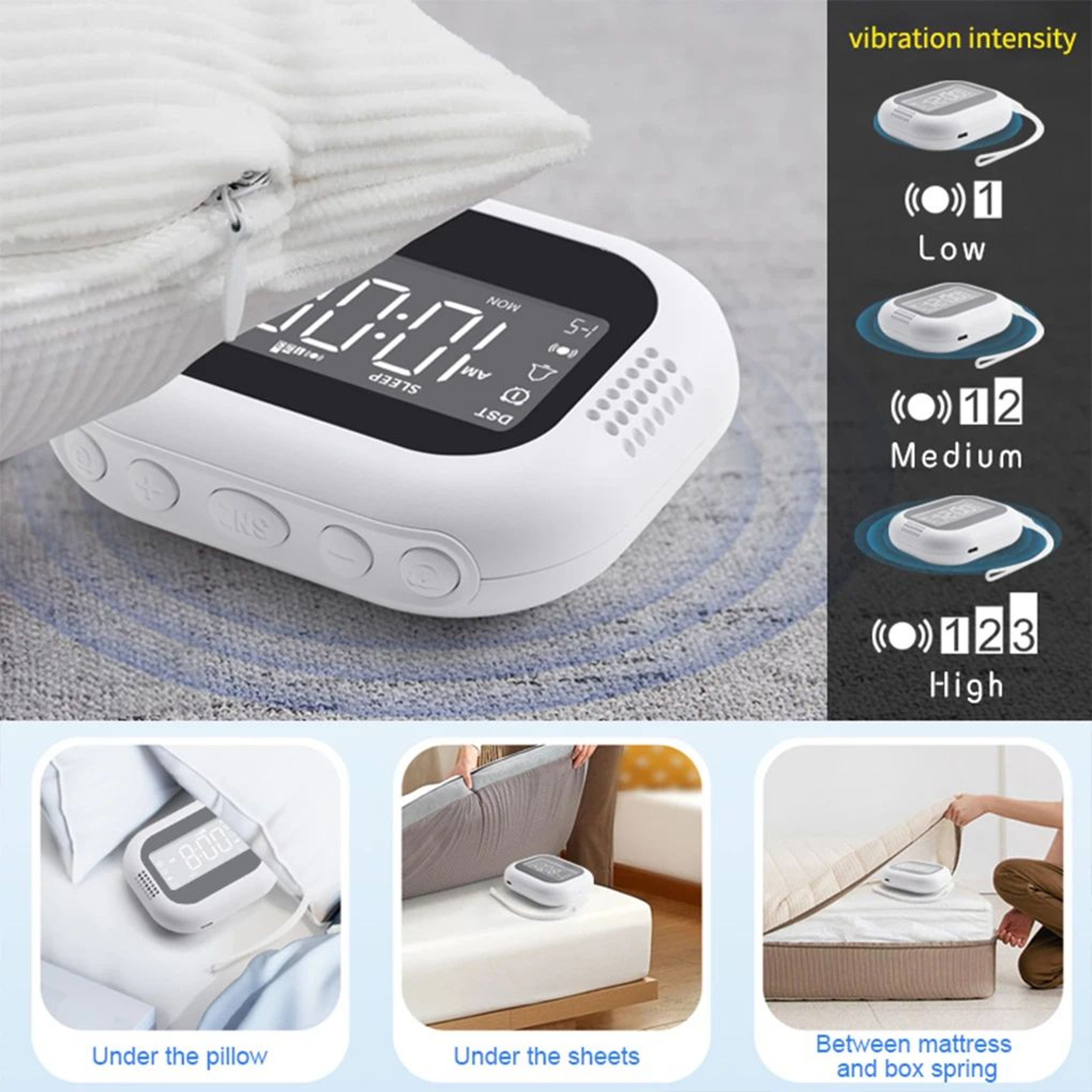 Rechargeable Vibration Alarm Clock  LED Display Bed Shaker With White Noise Natural Sounds For Heav 4