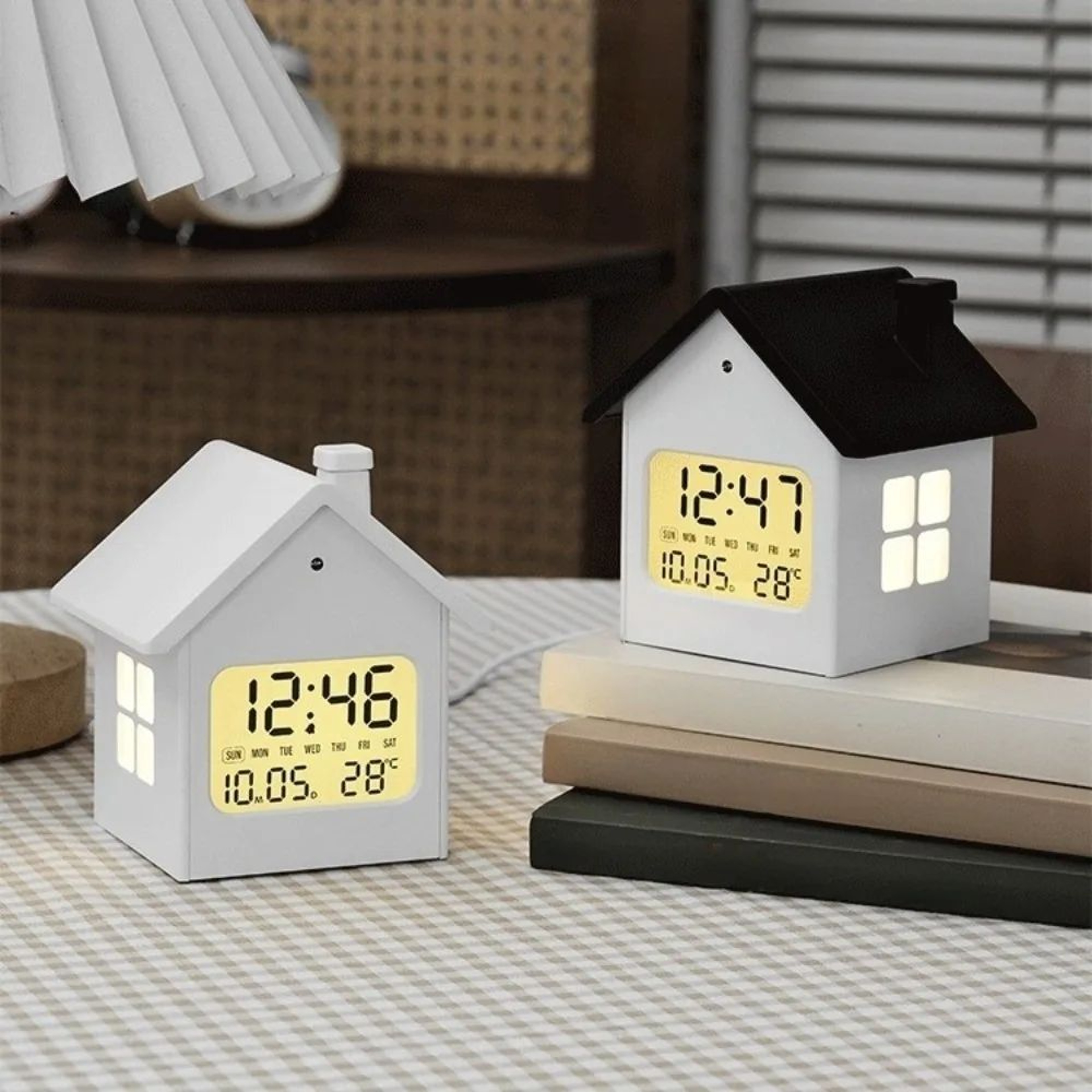 House Shape Digital Alarm Clock  LCD Time Date Week Temperature Display With Snooze Soft Backlight  4