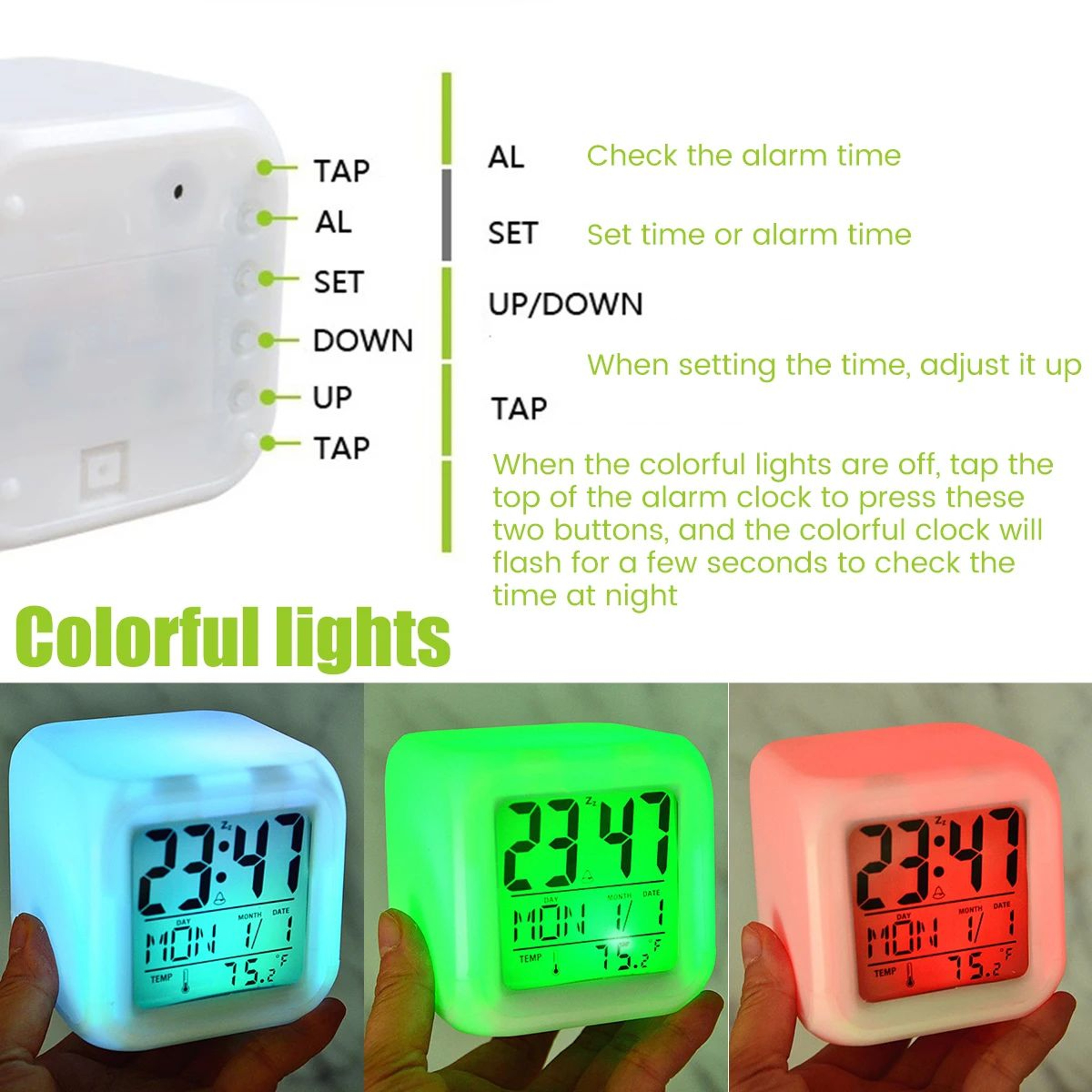 Colorful LED Digital Alarm Clock  1224H Bedside Night Light With Time Date Temperature Display For  3