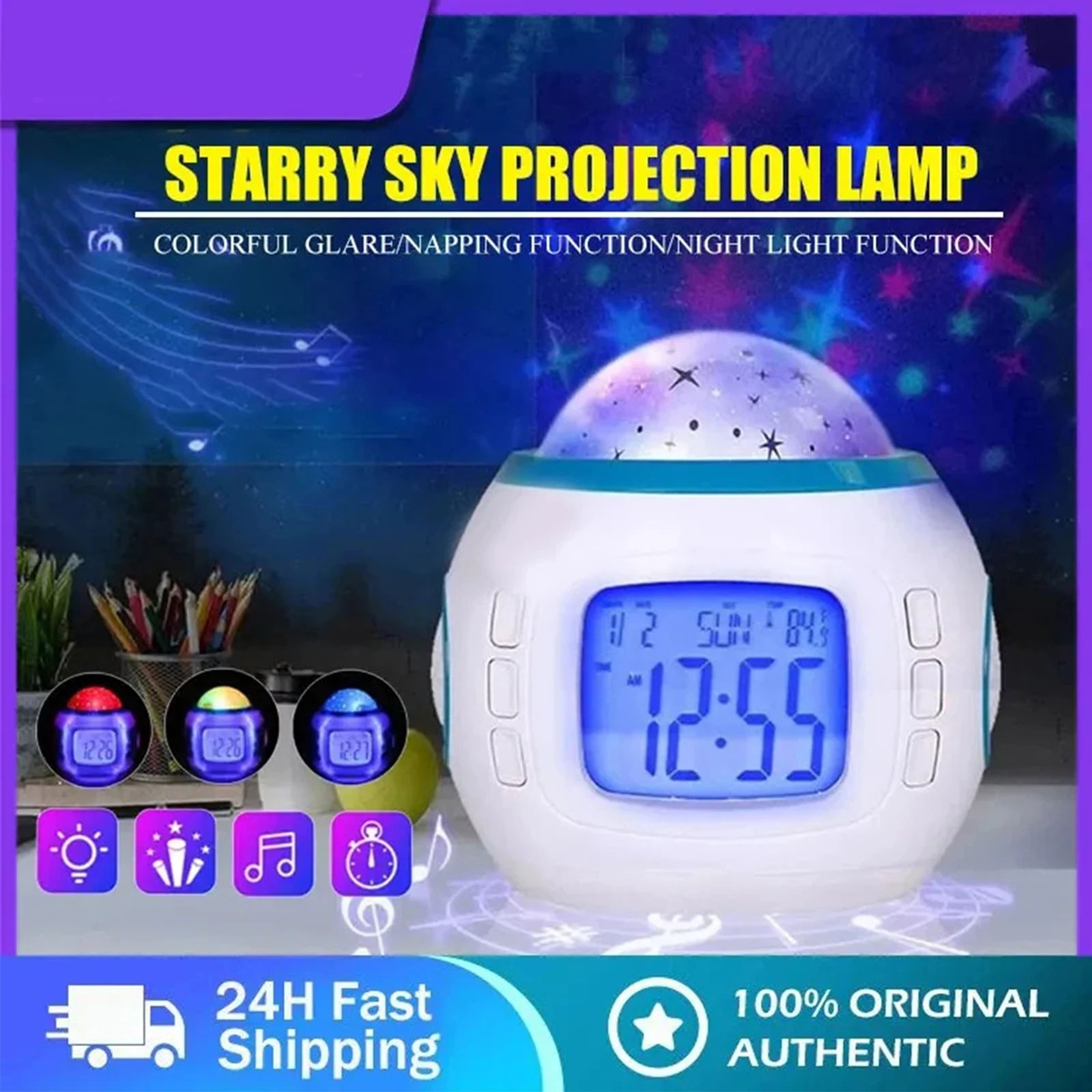 LED Star Projector Alarm Clock  Musical Digital Bedside Night Light With Snooze For Kids Bedroom De 0
