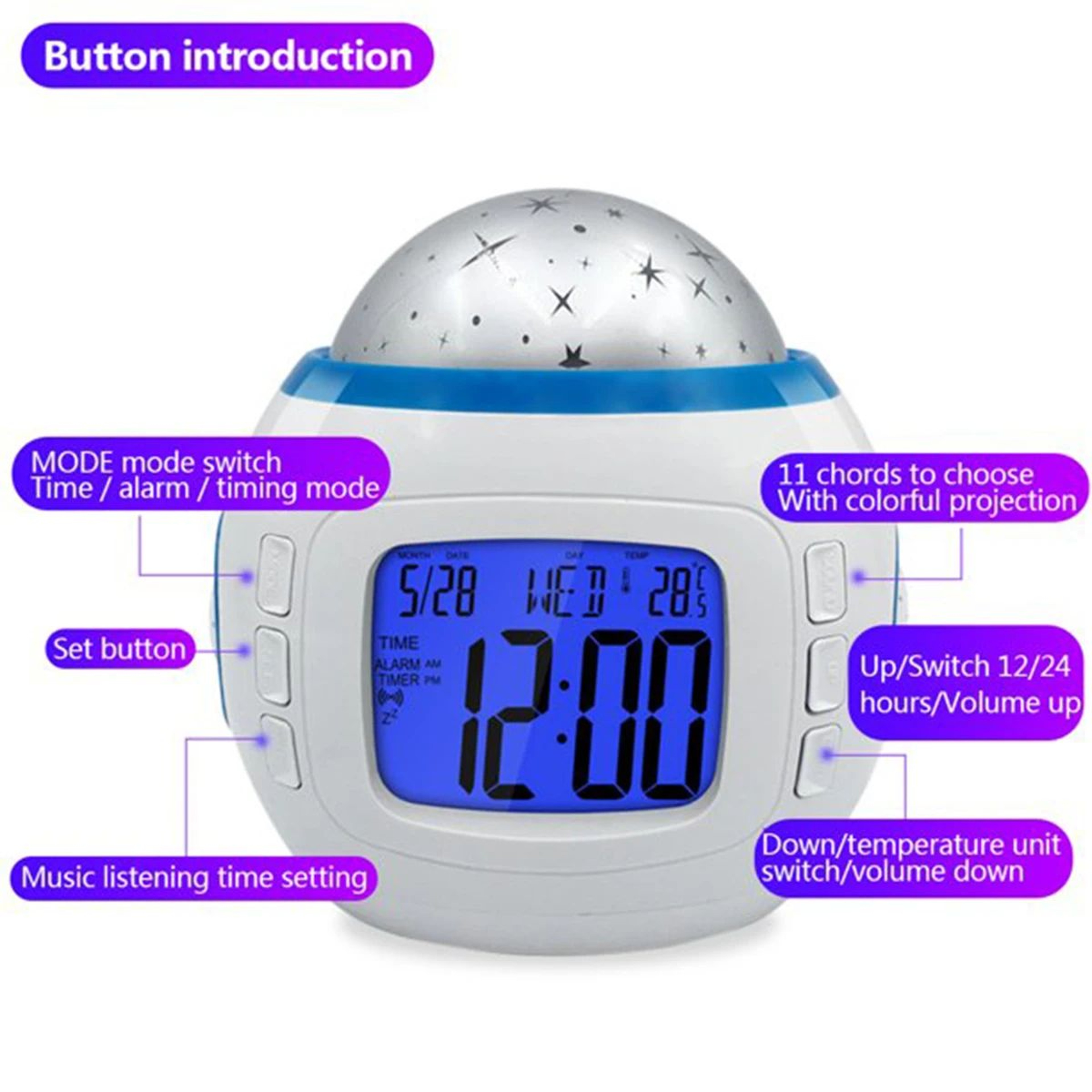 LED Star Projector Alarm Clock  Musical Digital Bedside Night Light With Snooze For Kids Bedroom De 4