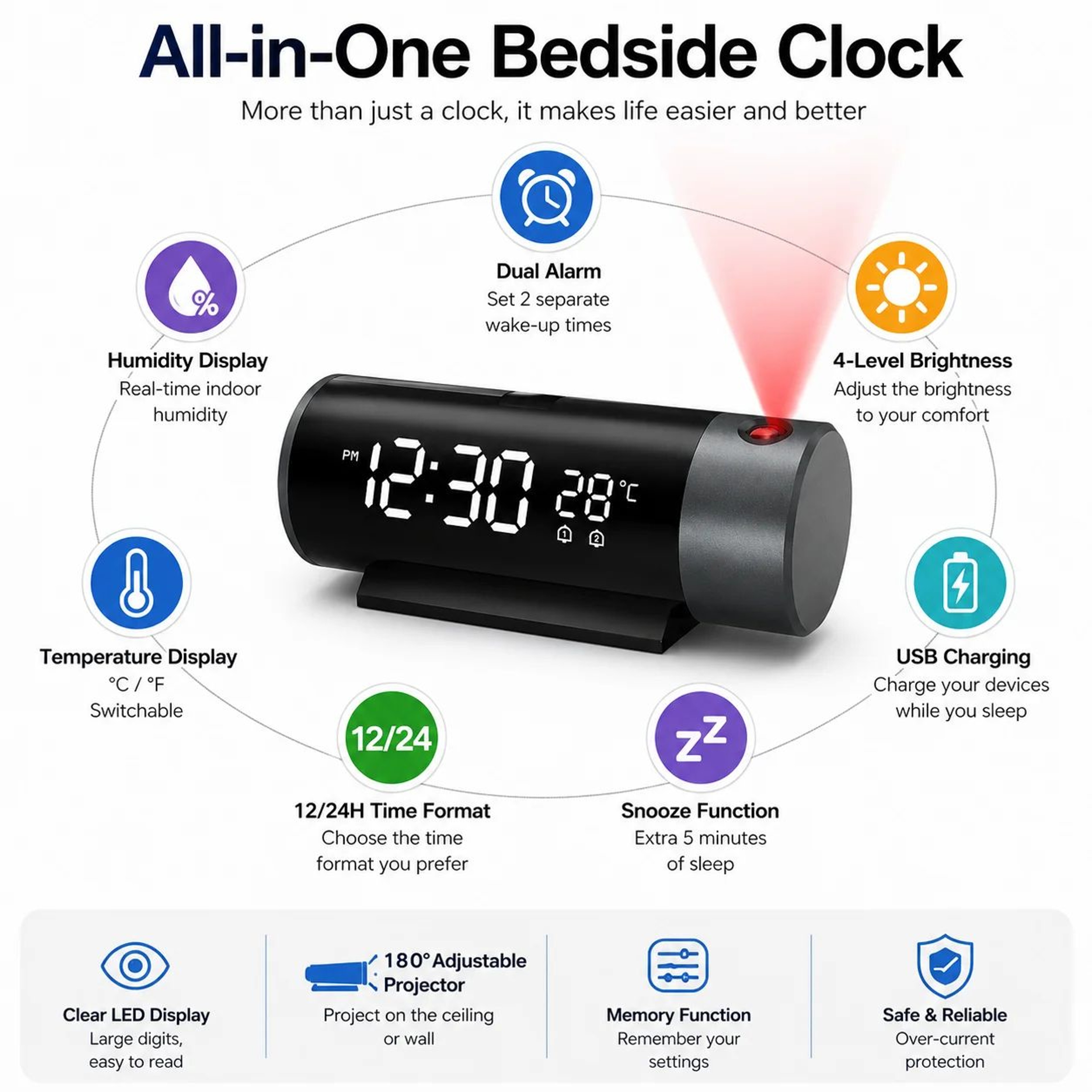 180 Rotatable Projection Alarm Clock  Digital LED Ceiling Clock With Dual Alarms Temperature Sensor 2
