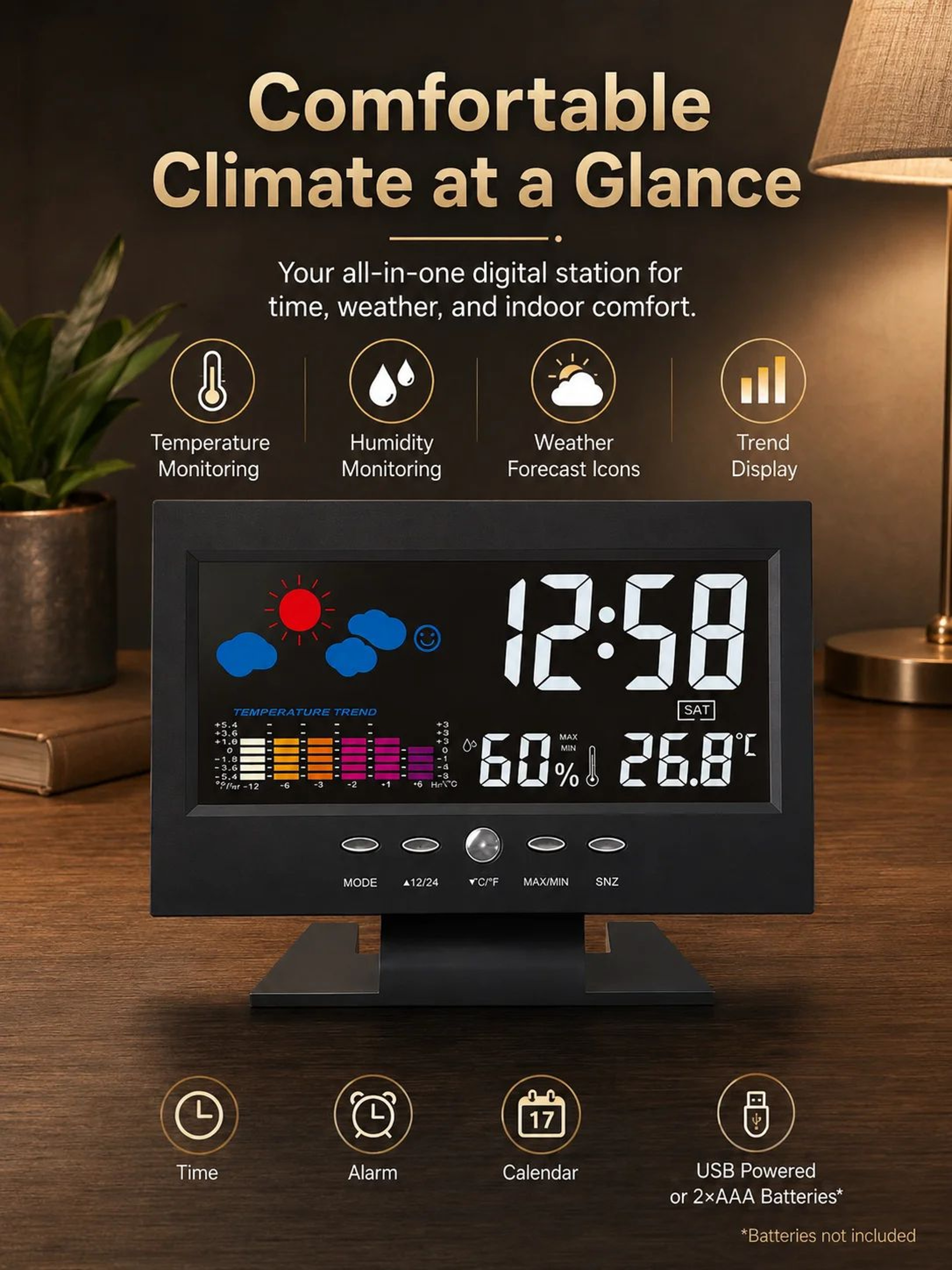 Indoor Digital Weather Station Clock  Temperature Humidity Monitor With Alarm Snooze Calendar  Larg 1