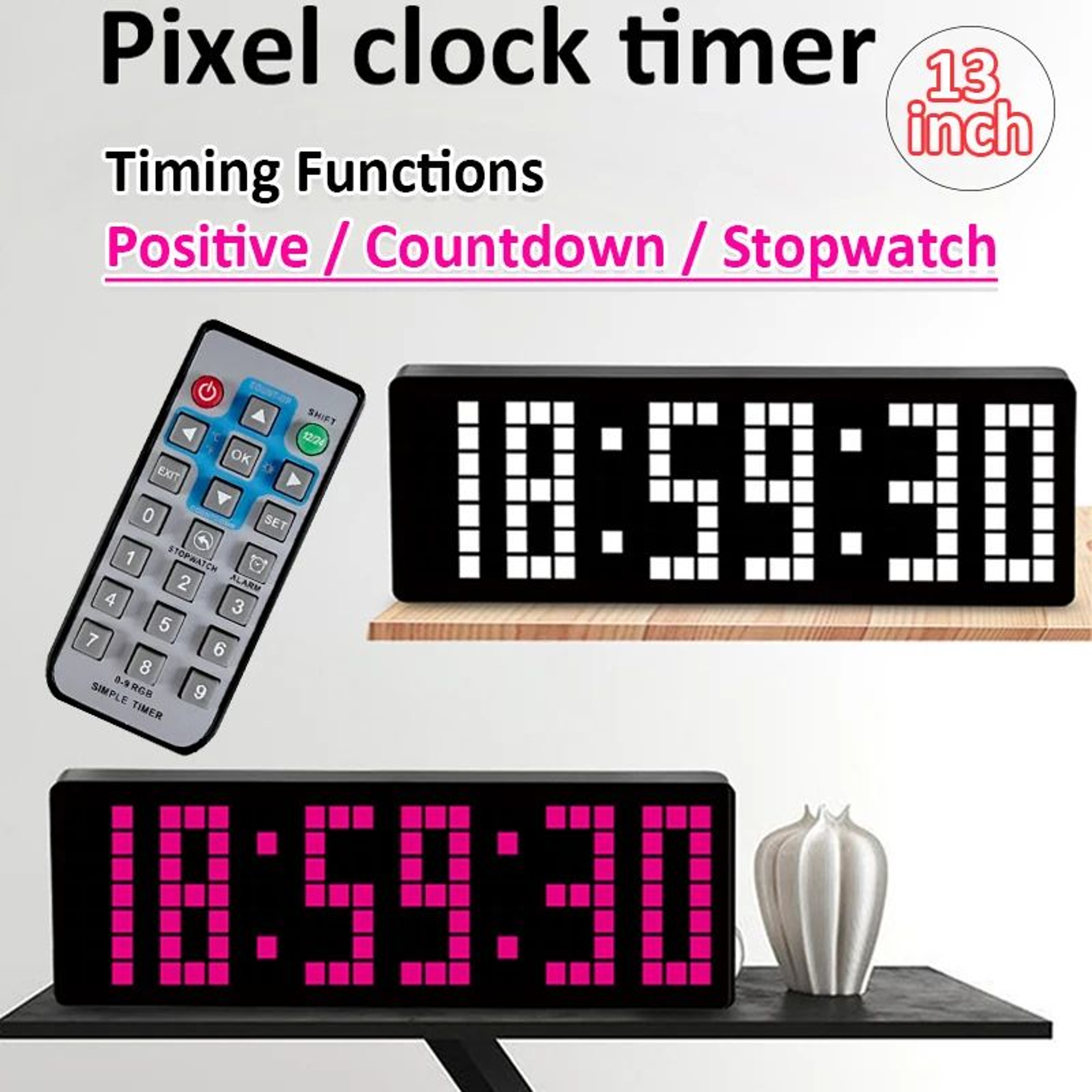 13 In Pixel LED Digital Wall Clock  Remote Control Countdown Stopwatch Timer With 1224 Hr For Home  0
