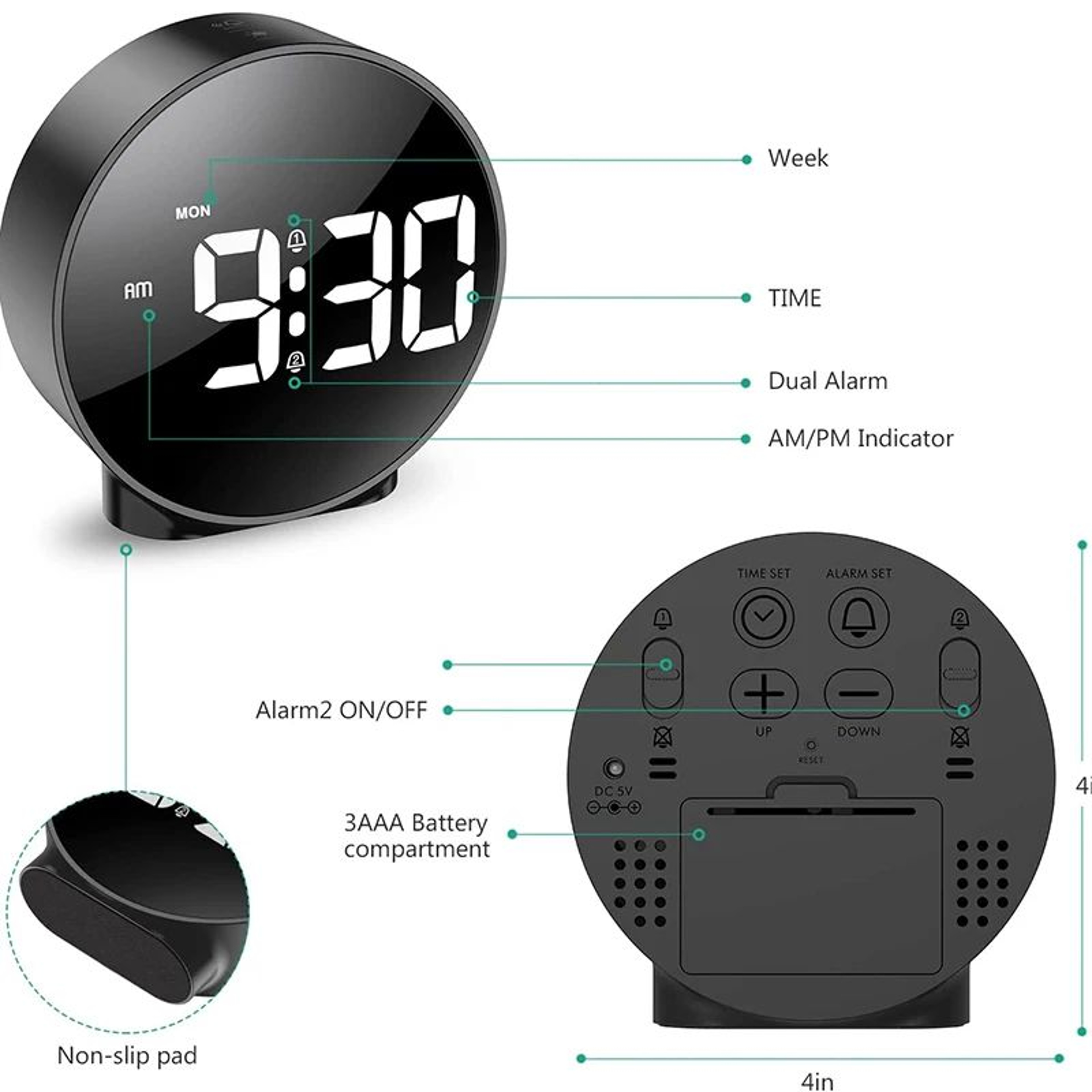 Digital LED Dual Alarm Clock  Desk Clock With Snooze Week Display 1224H  4 Brightness Levels 5