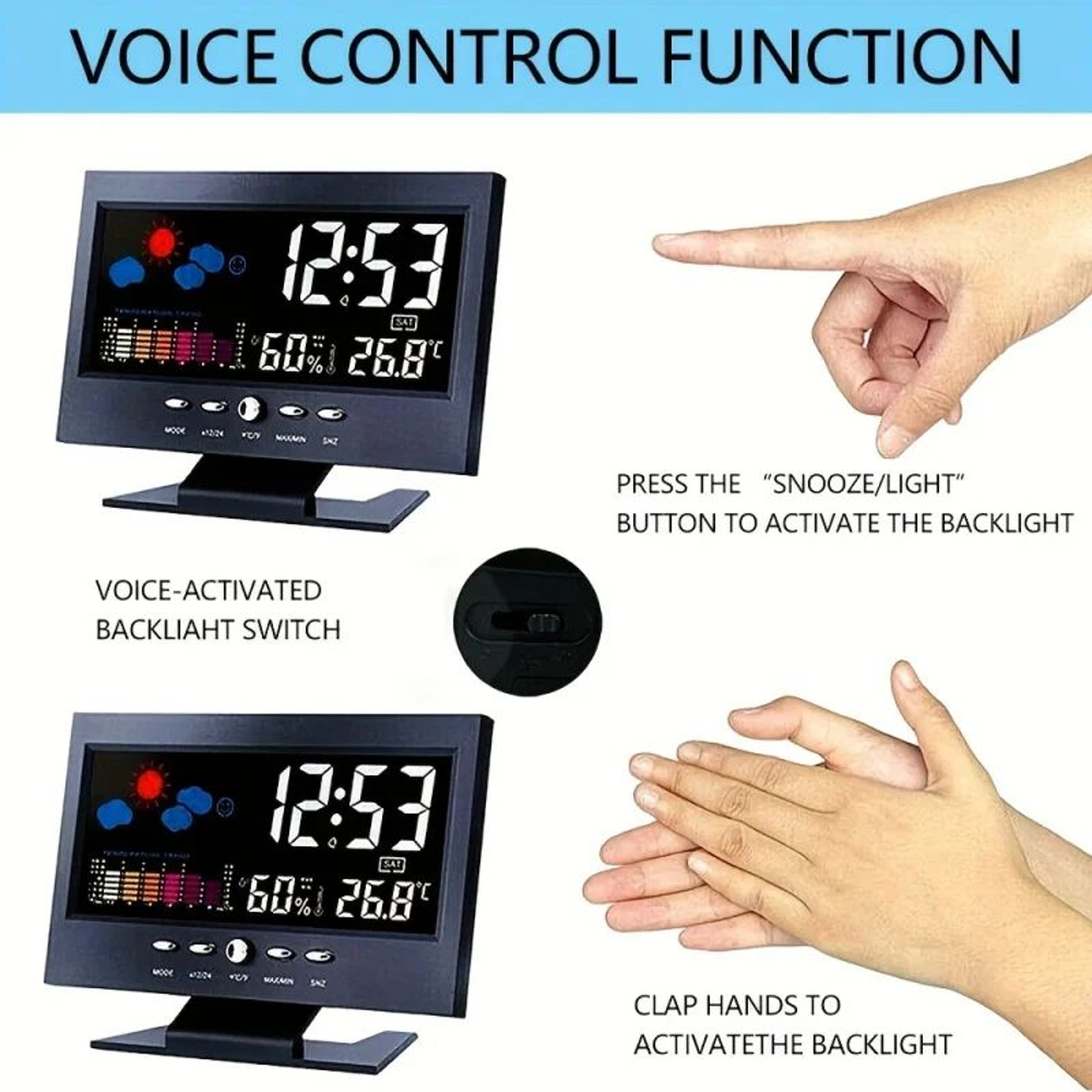 Large Backlit Digital Weather Station Clock  Voice Control Alarm Forecast Temperature  Humidity Dis 2